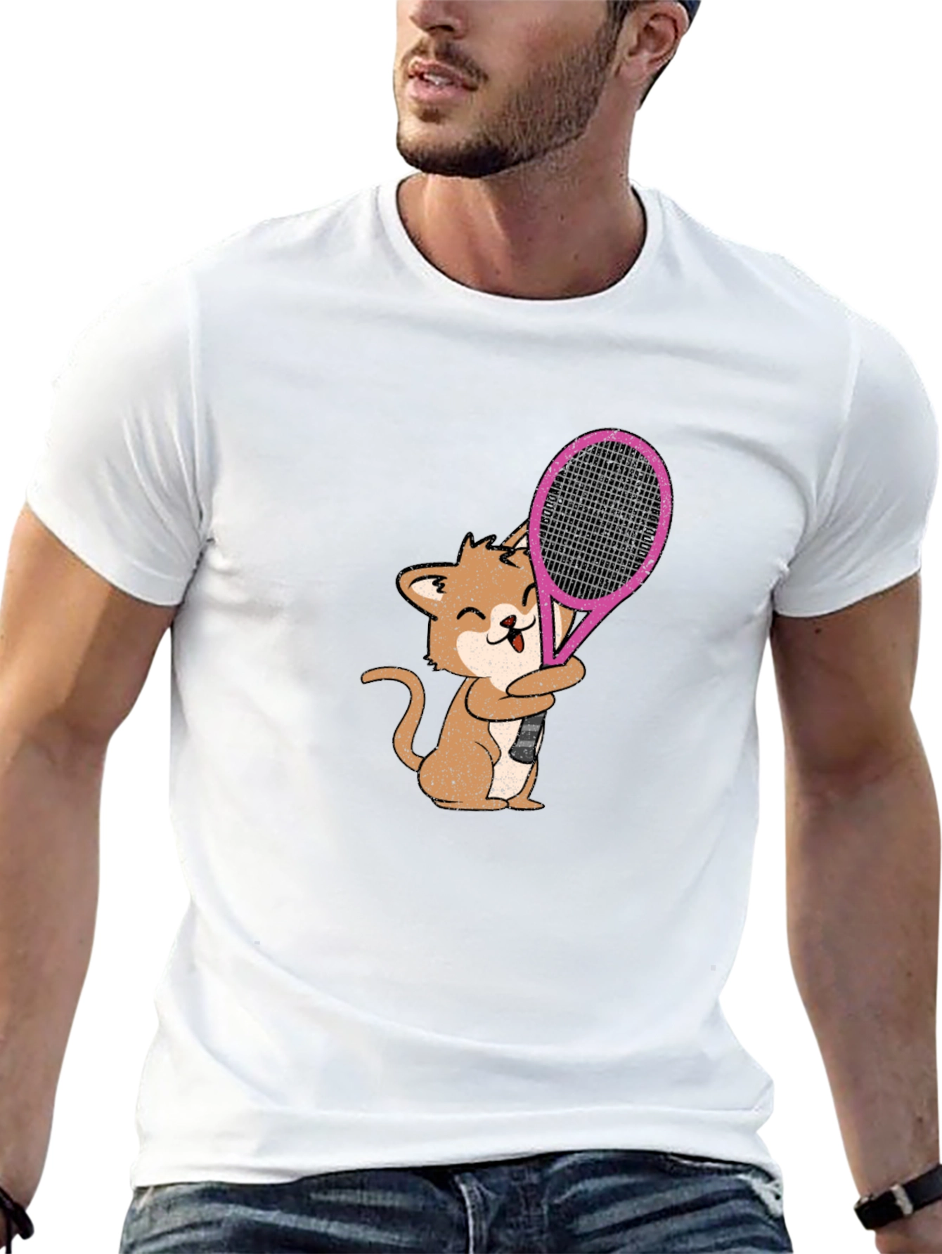 Cat Tennis Player Graphic Tee - Black