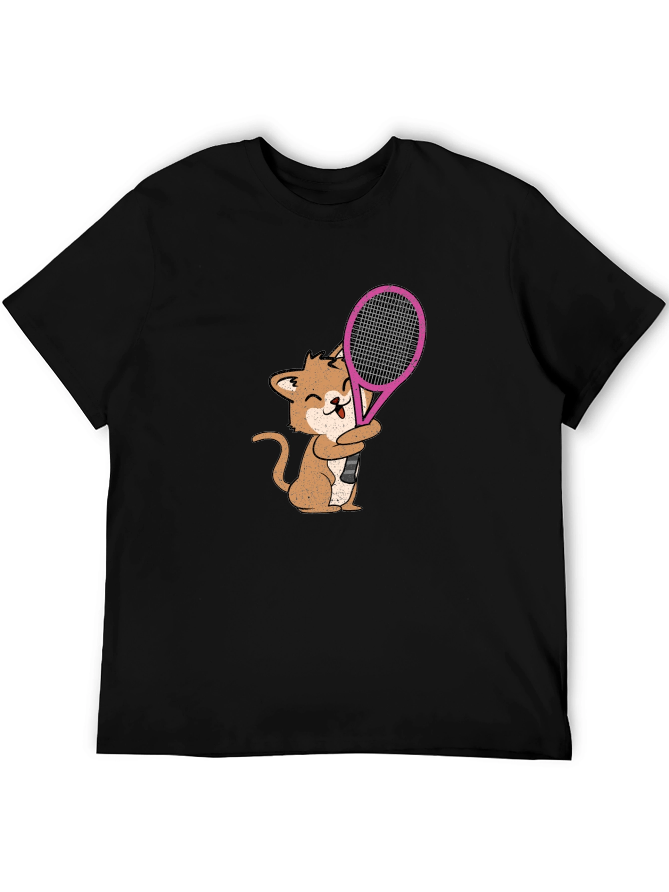 Cat Tennis Player Graphic Tee - Black