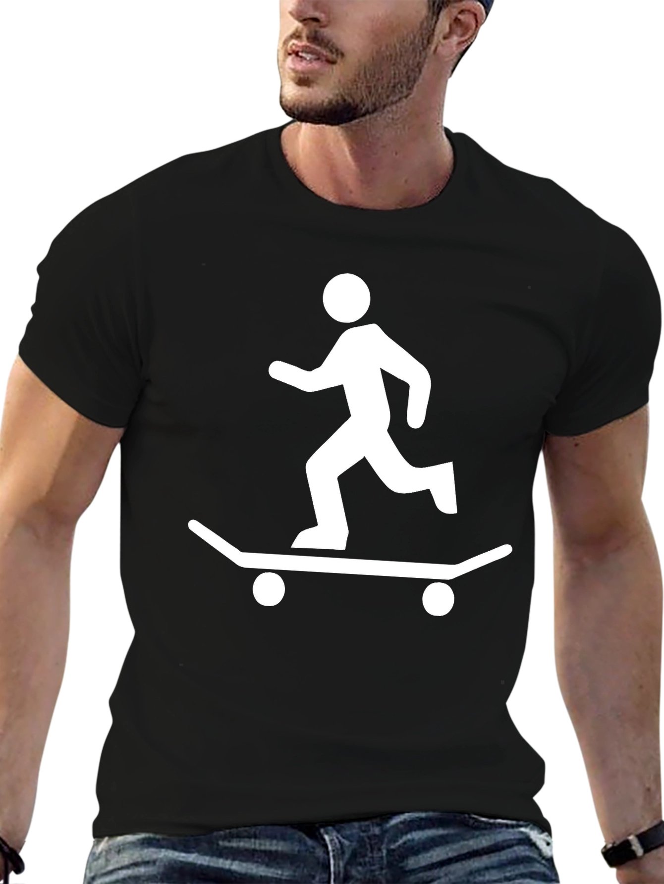 Skateboarding Stick Figure Graphic Tee - Black Cotton Blend