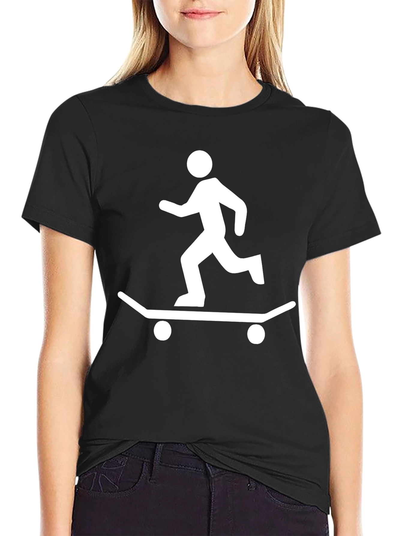 Skateboarding Stick Figure Graphic Tee - Black Cotton Blend
