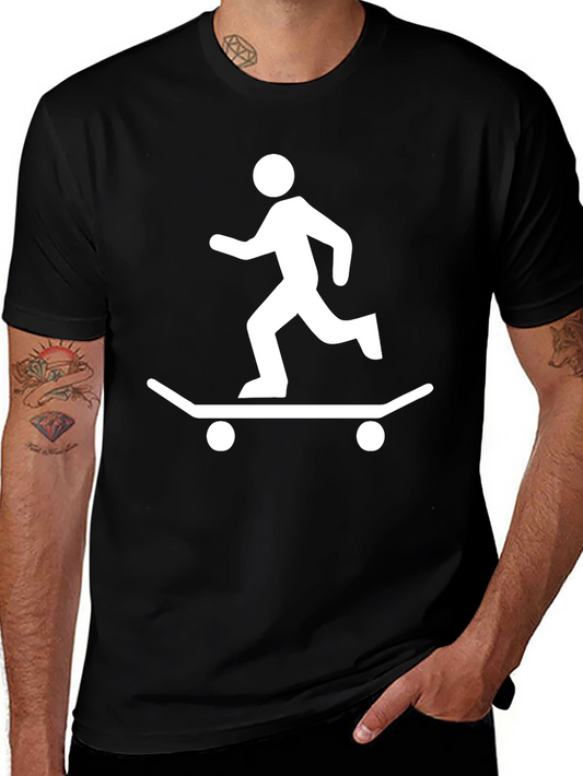 Skateboarding Stick Figure Graphic Tee - Black Cotton Blend