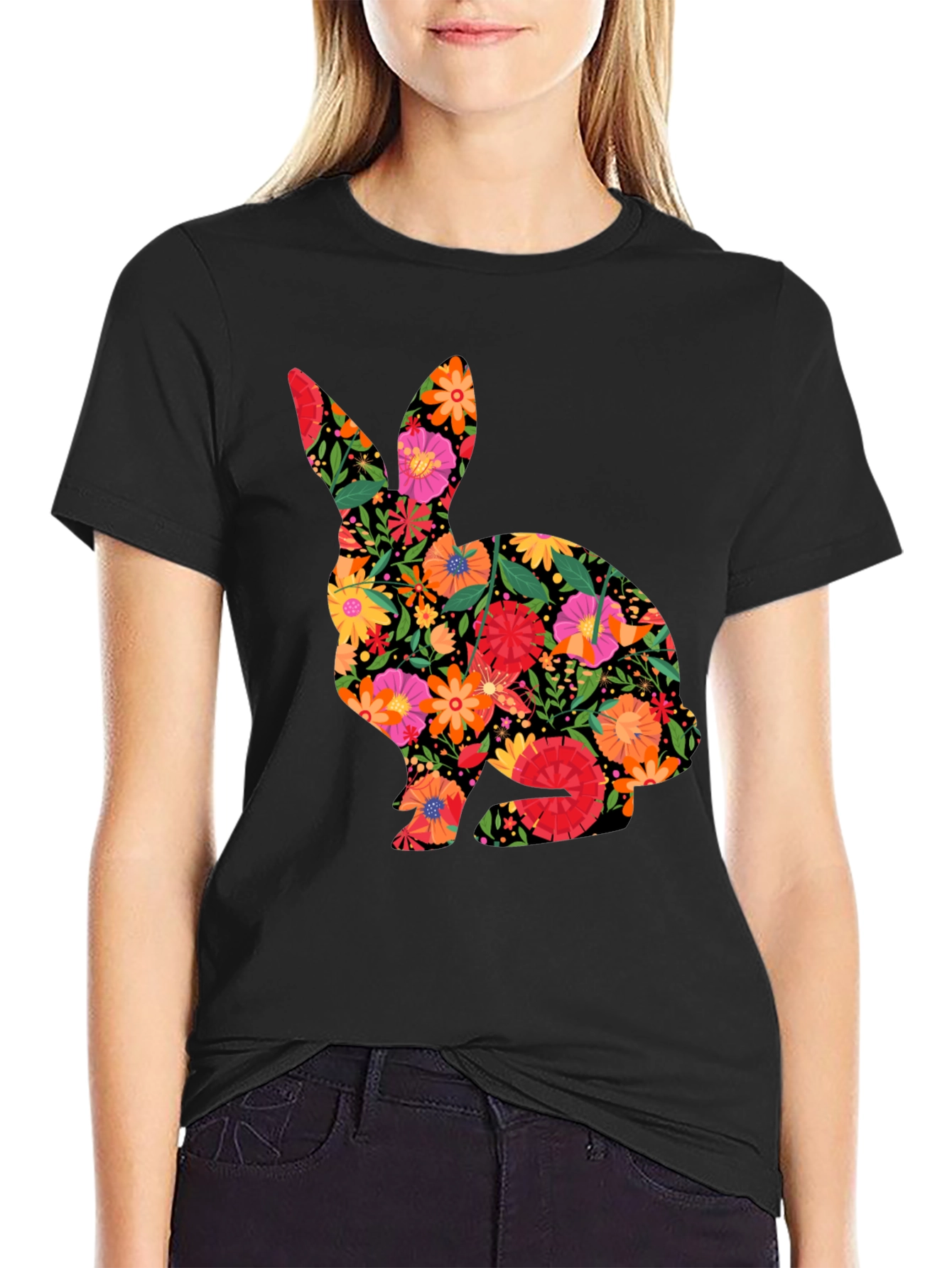 Floral Easter Bunny Mens Black T-Shirt