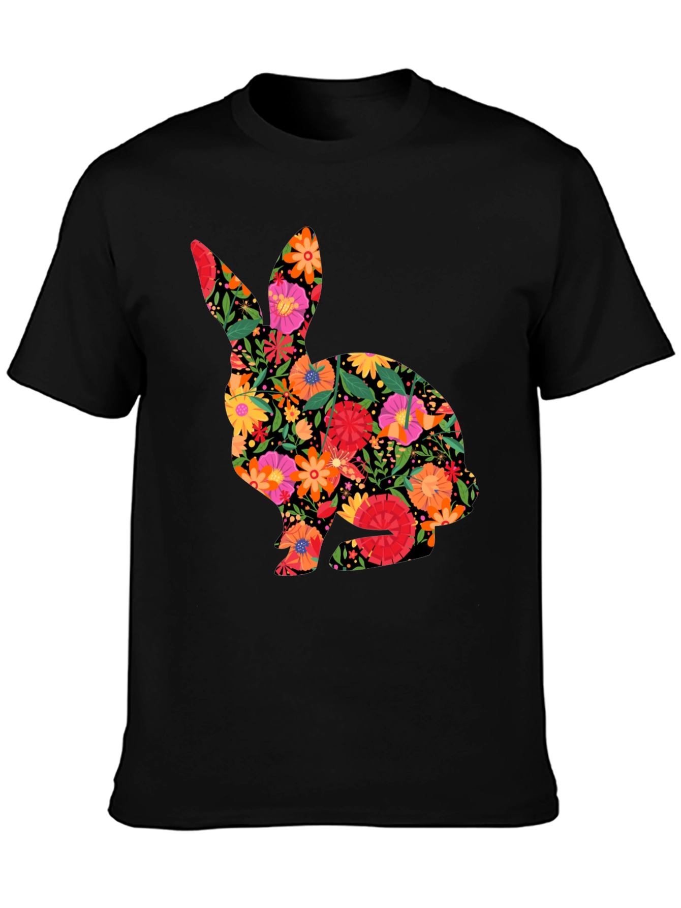 Floral Easter Bunny Mens Black T-Shirt