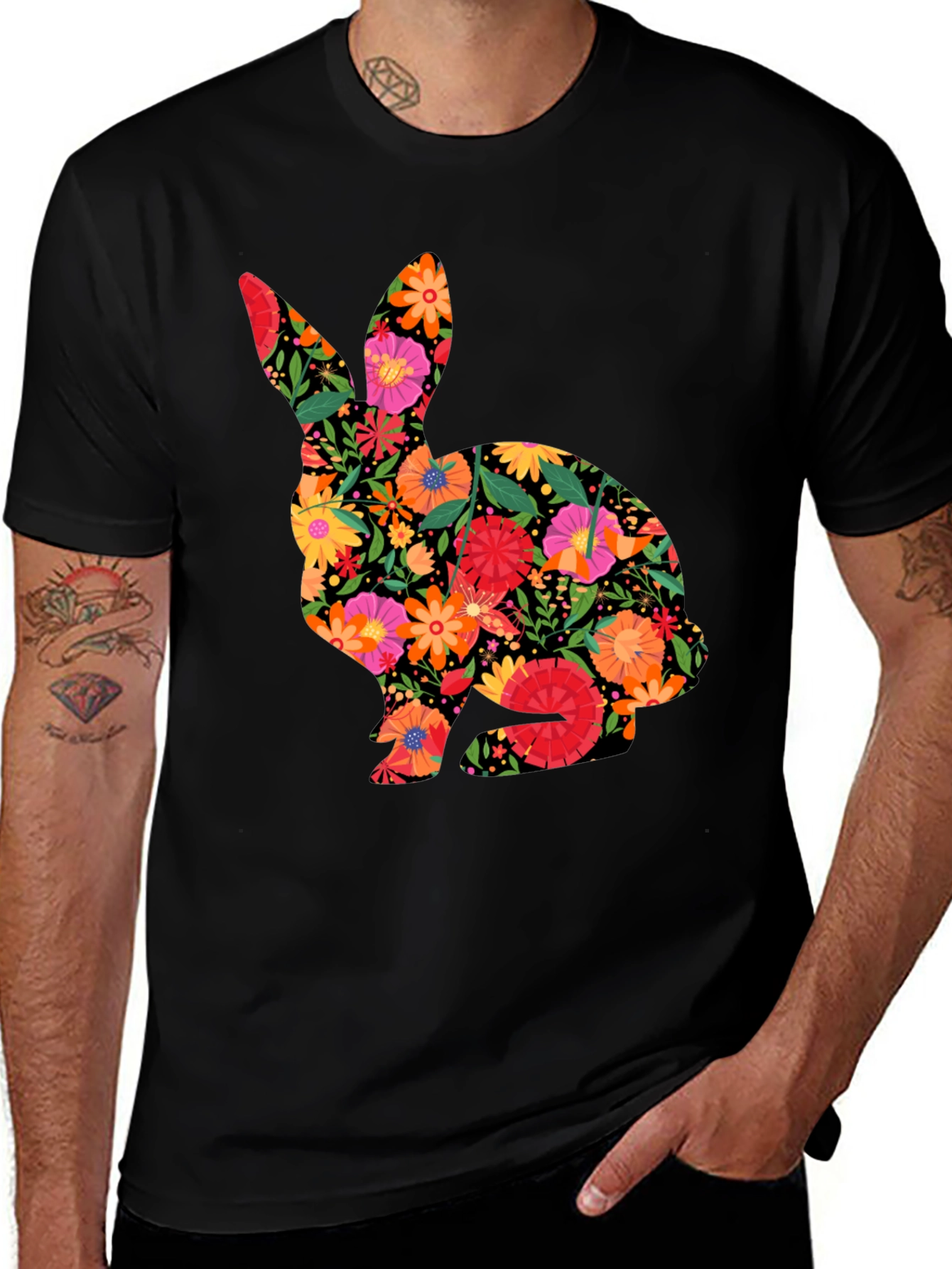 Floral Easter Bunny Mens Black T-Shirt