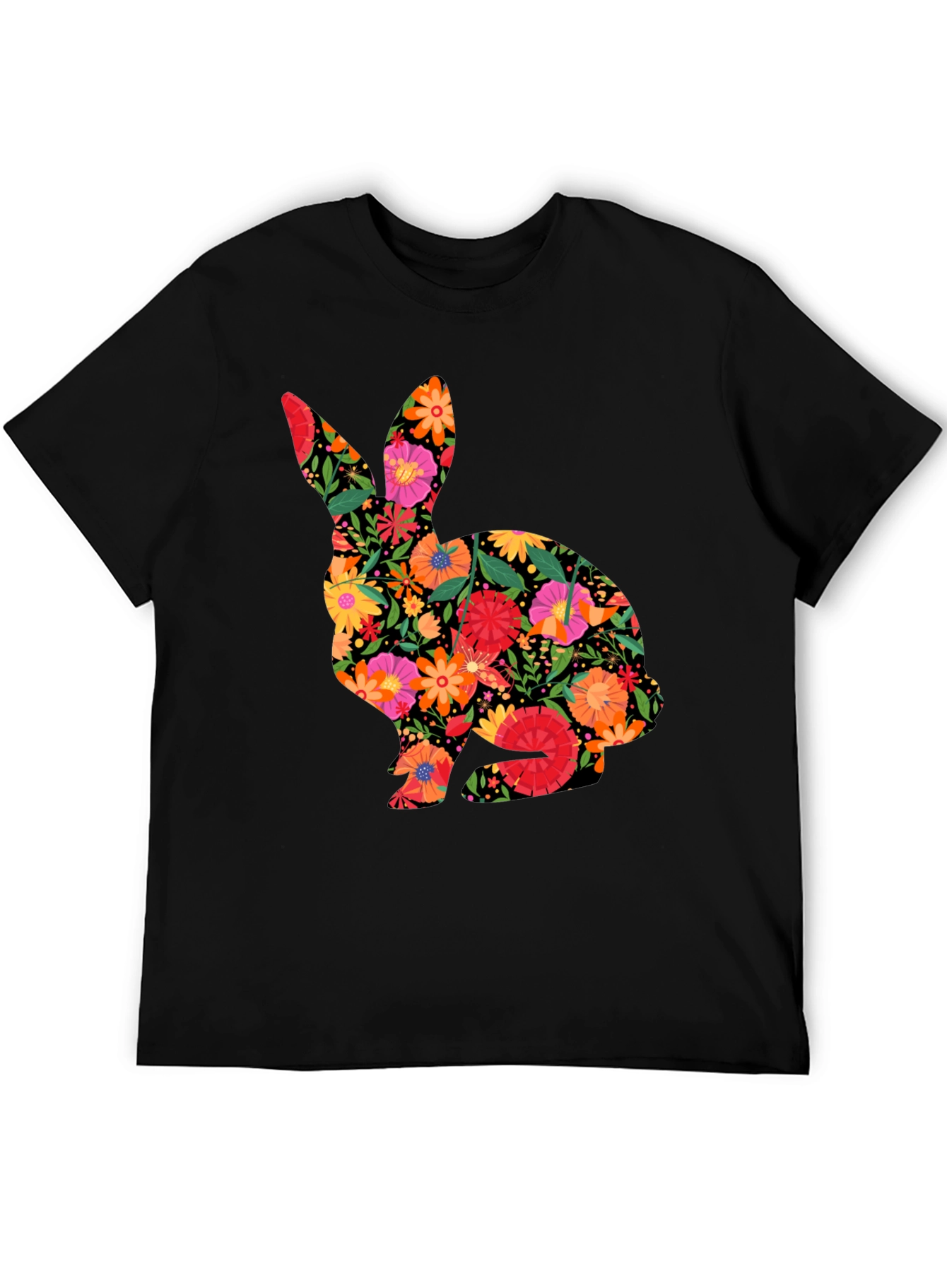 Floral Easter Bunny Mens Black T-Shirt