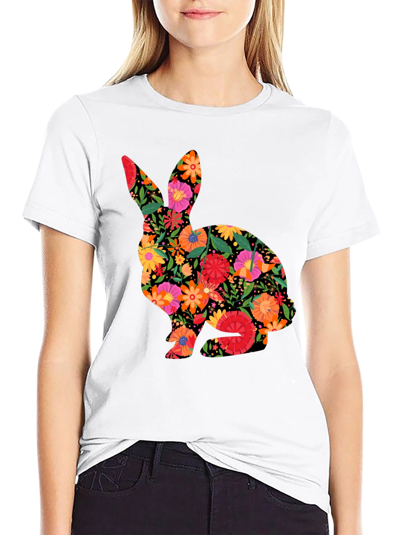 Floral Easter Bunny Mens Black T-Shirt