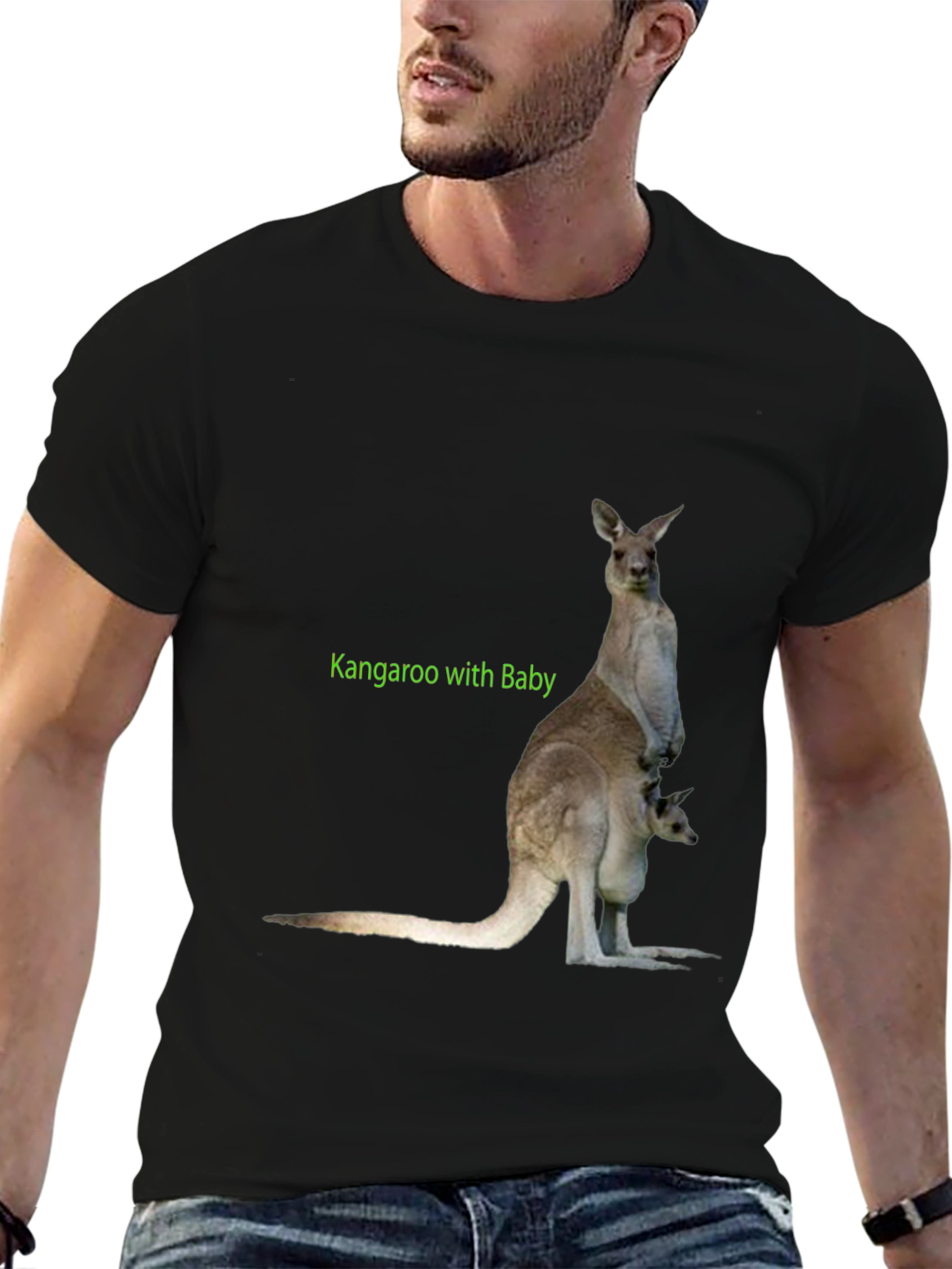 Kangaroo with Baby Graphic Tee - Black Cotton T-Shirt