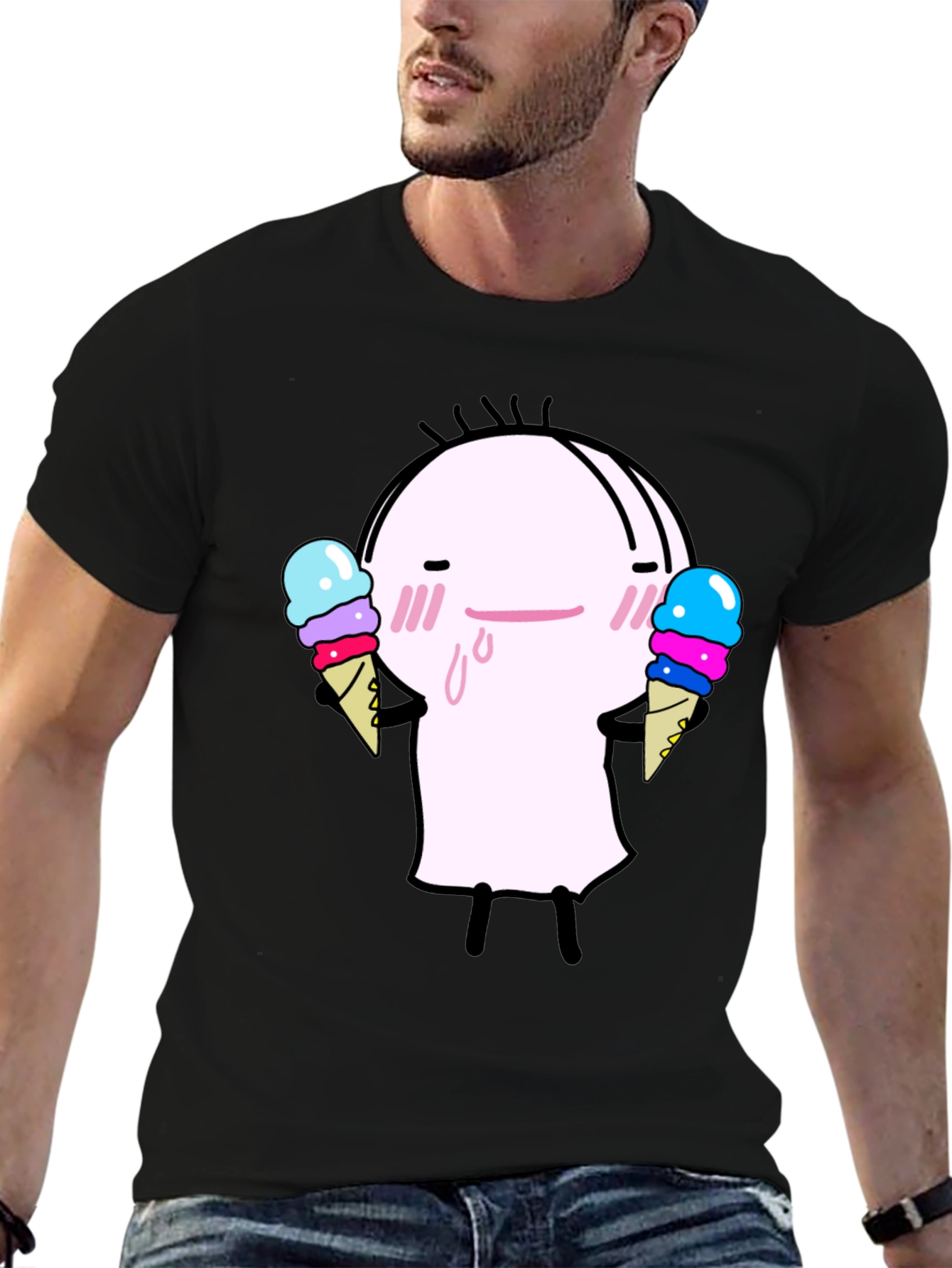 Cute Ice Cream Character Black T-Shirt