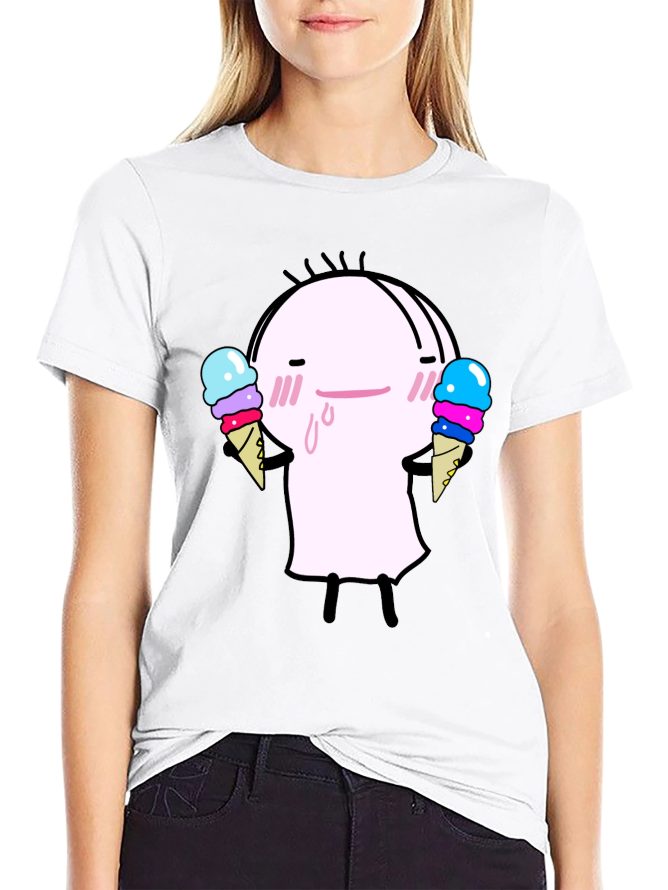 Cute Ice Cream Character Black T-Shirt