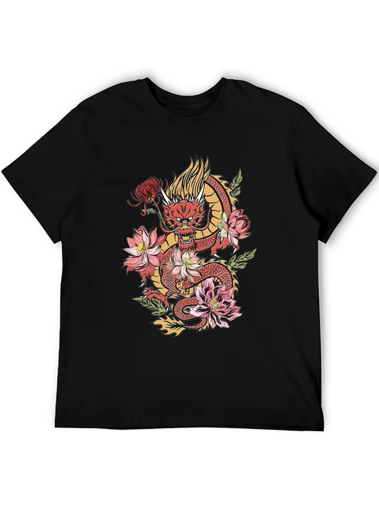 Dragon & Flowers Graphic Tee - Stylish Mens Black T-Shirt
