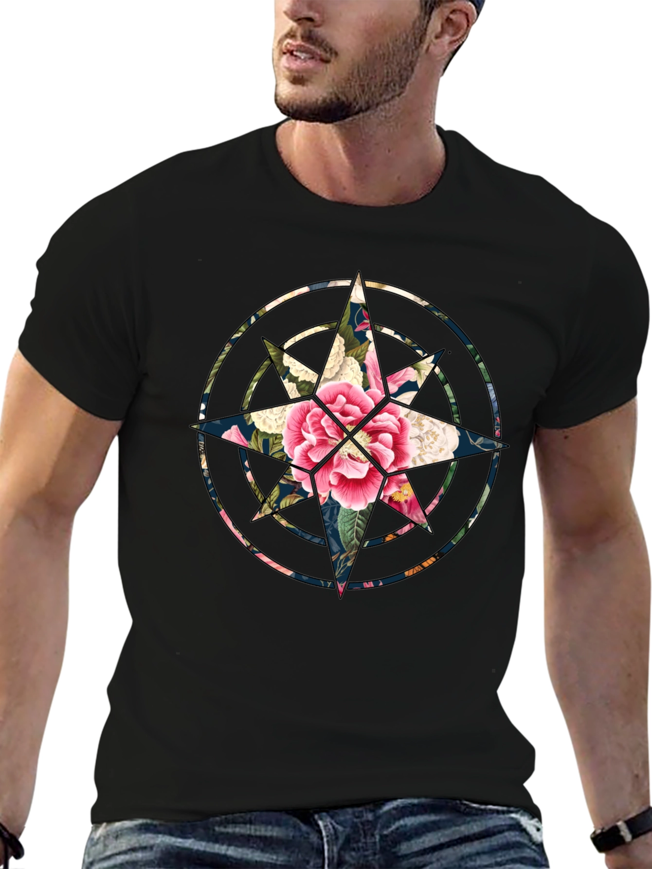 Floral Compass Black T-Shirt