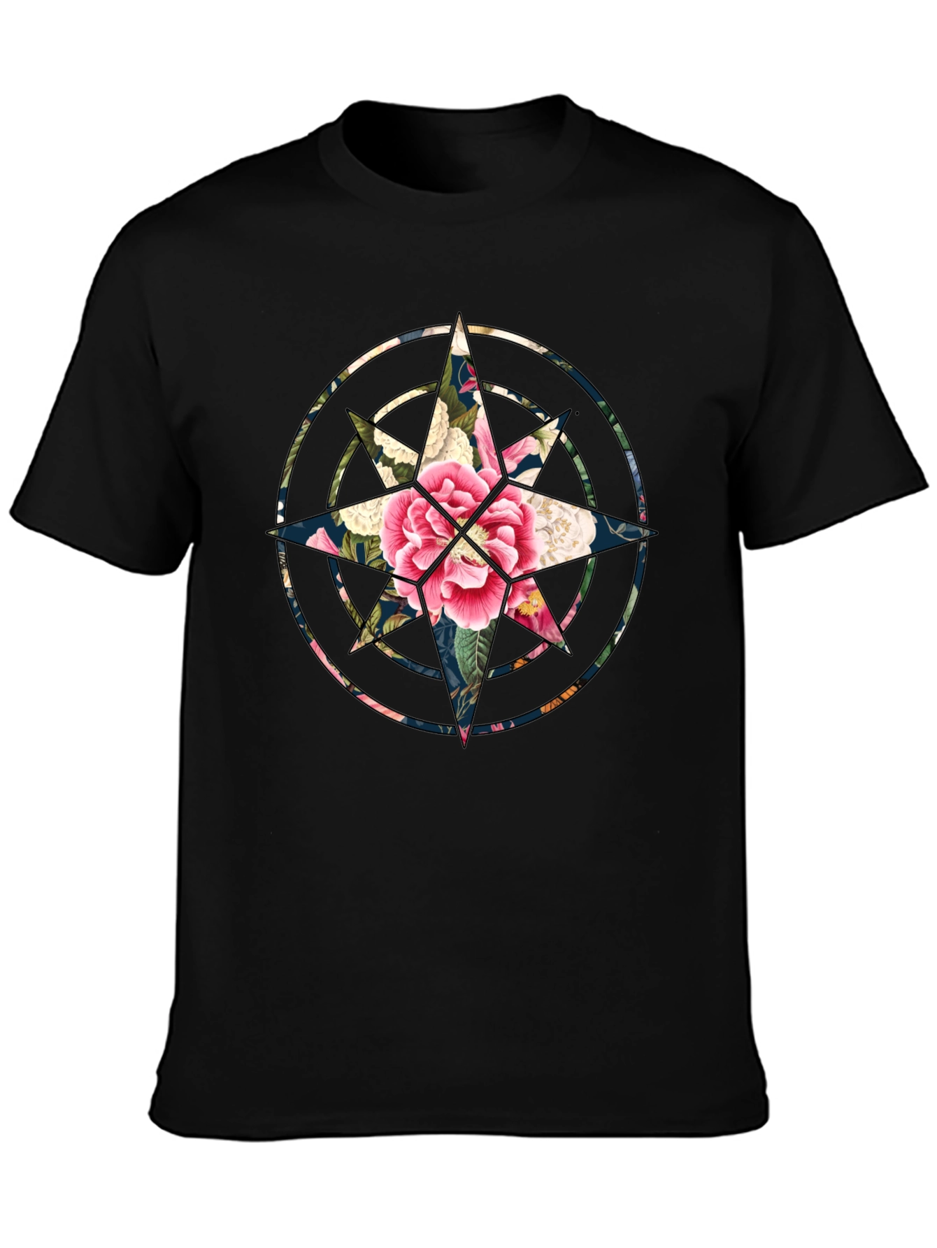 Floral Compass Black T-Shirt