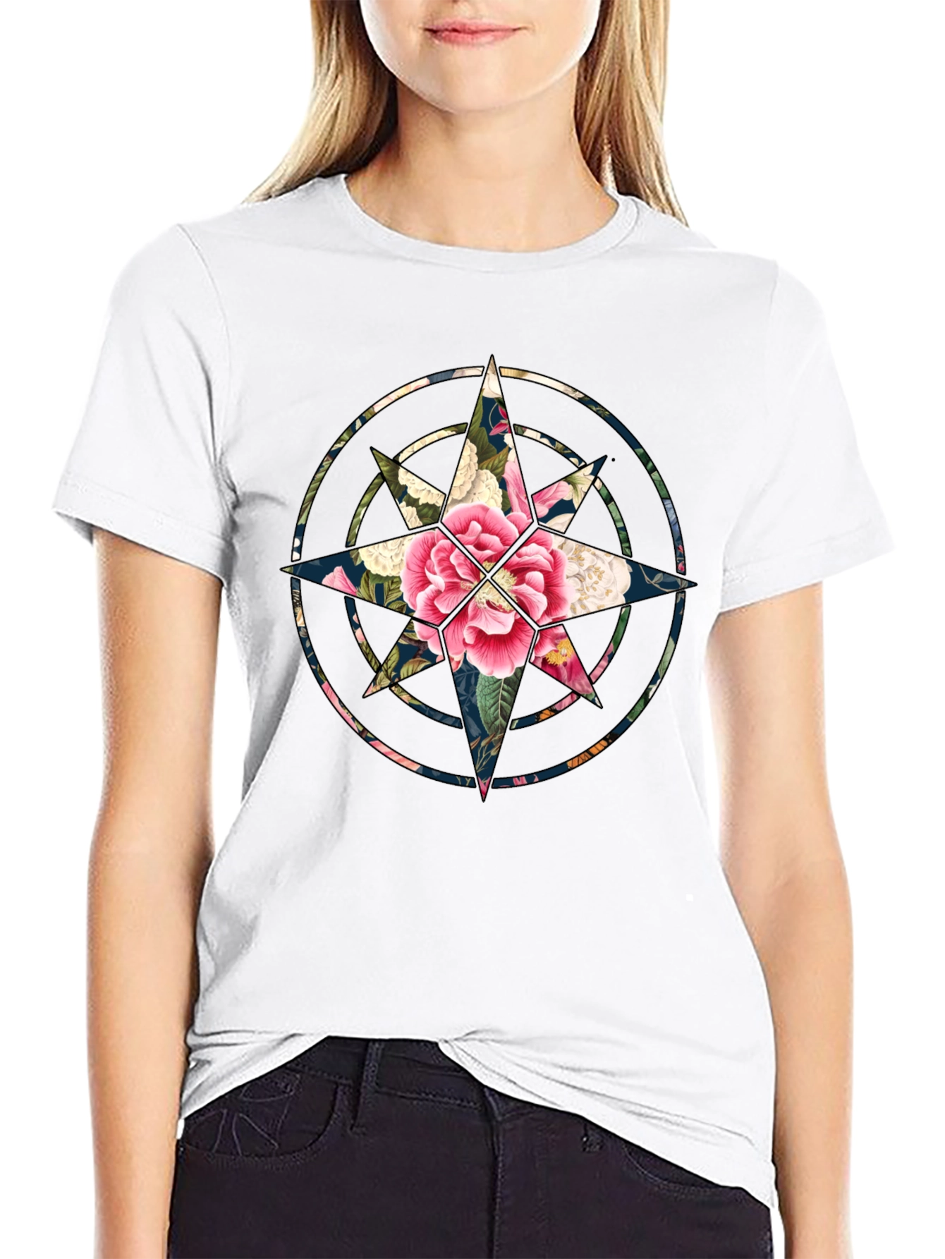 Floral Compass Black T-Shirt