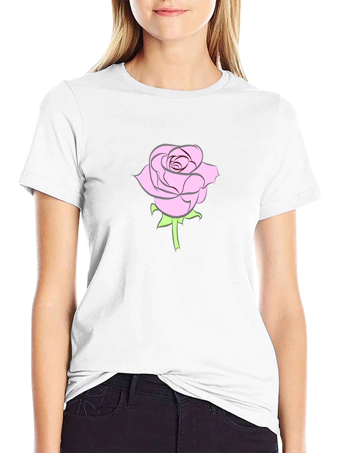 Black T-Shirt with Pink Rose Design