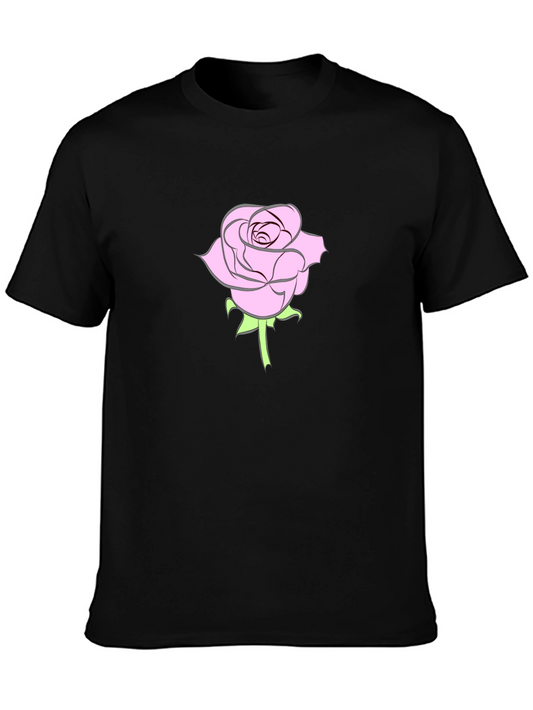 Black T-Shirt with Pink Rose Design