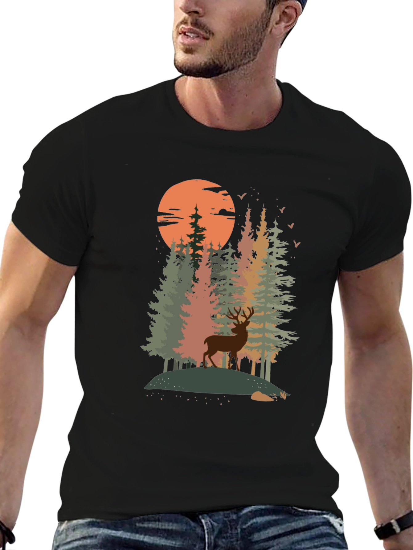 Nature Deer Graphic Tee - Black Cotton Blend