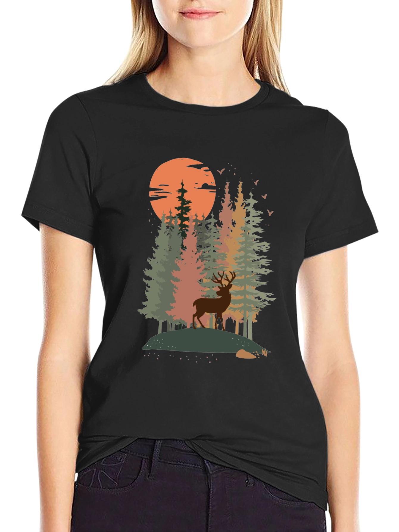 Nature Deer Graphic Tee - Black Cotton Blend