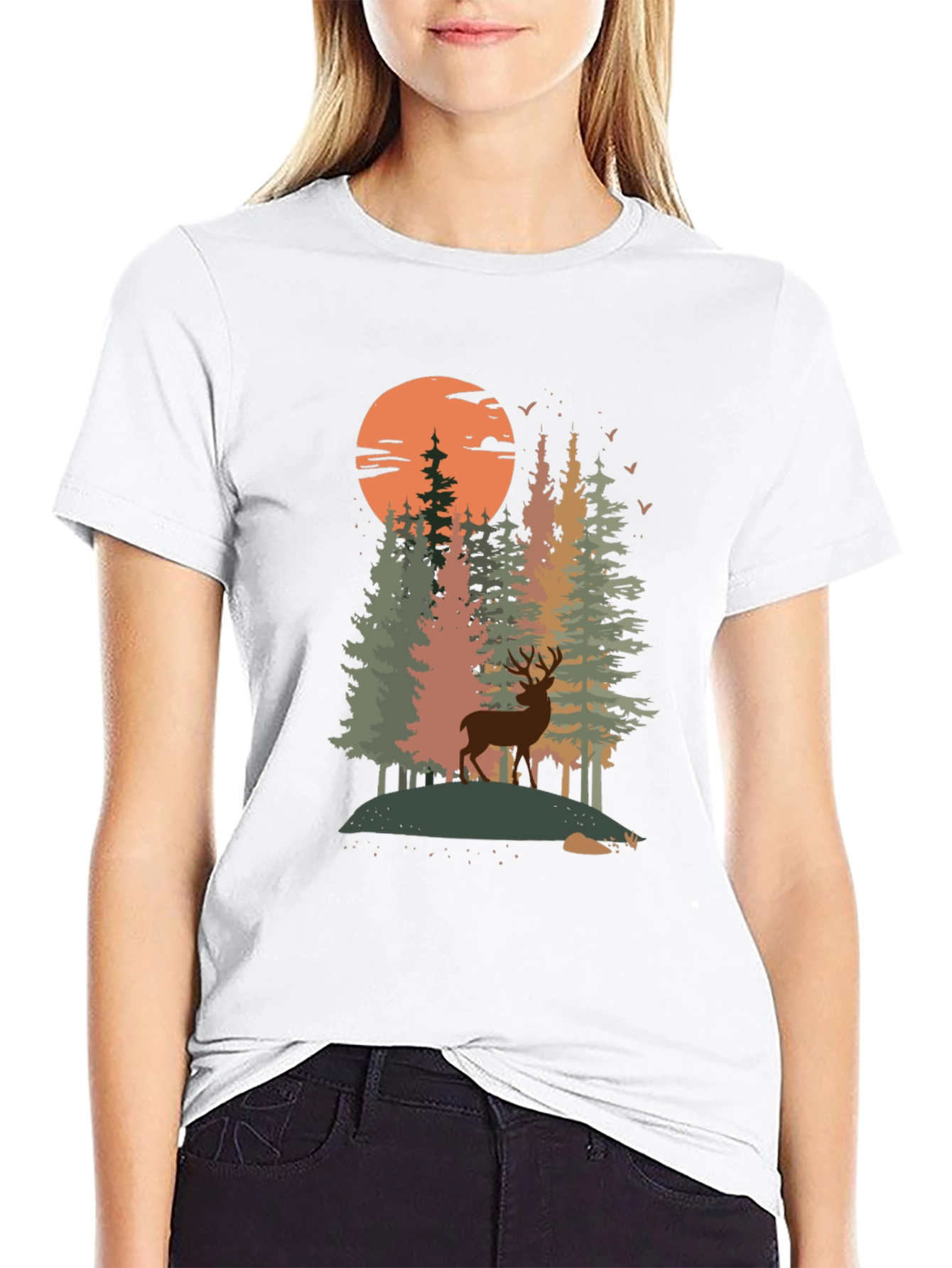 Nature Deer Graphic Tee - Black Cotton Blend