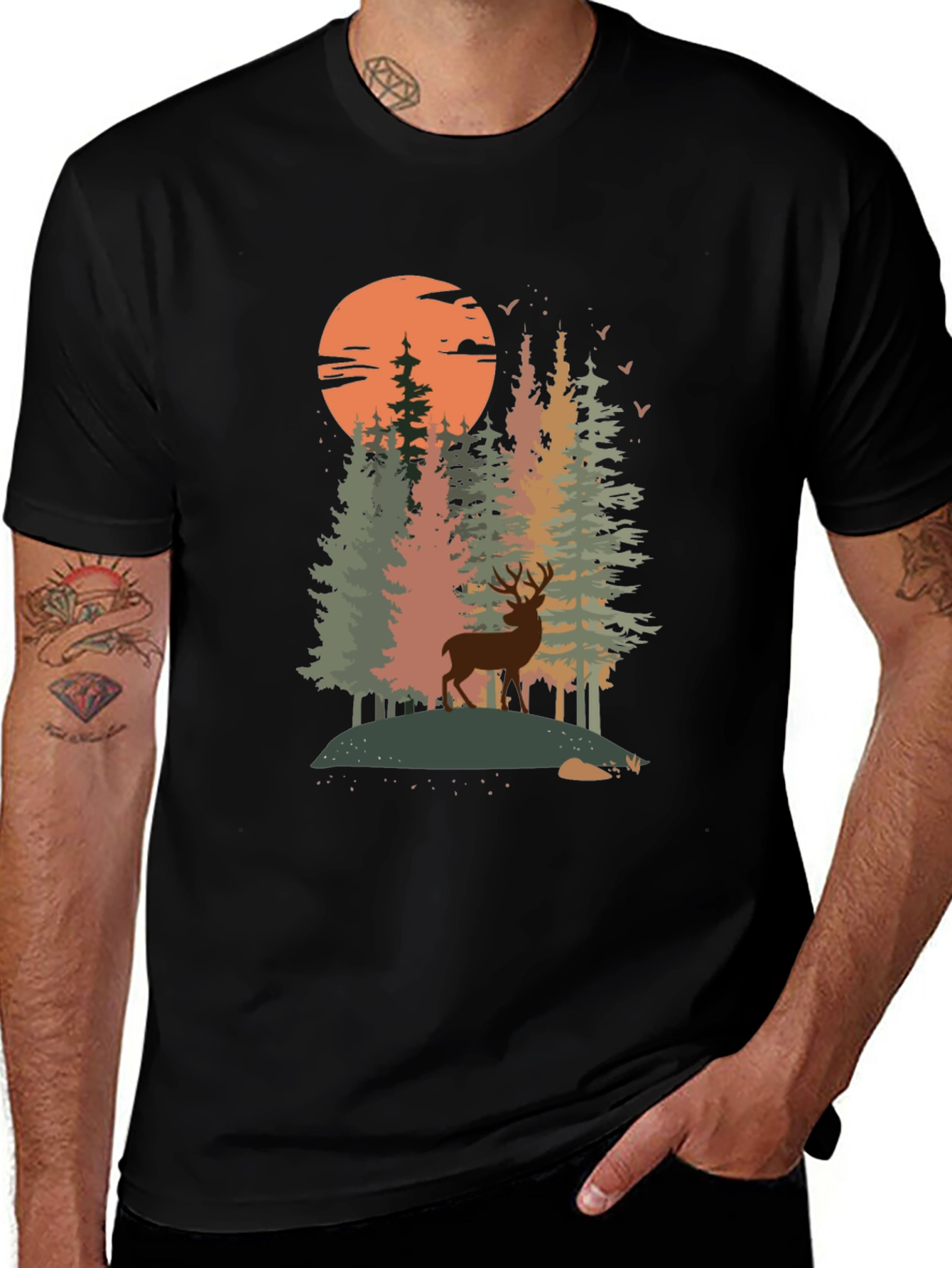 Nature Deer Graphic Tee - Black Cotton Blend