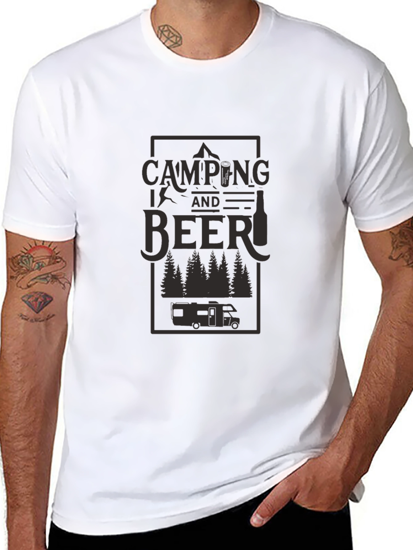 Camping and Beer Graphic Tee - Black Cotton T-Shirt