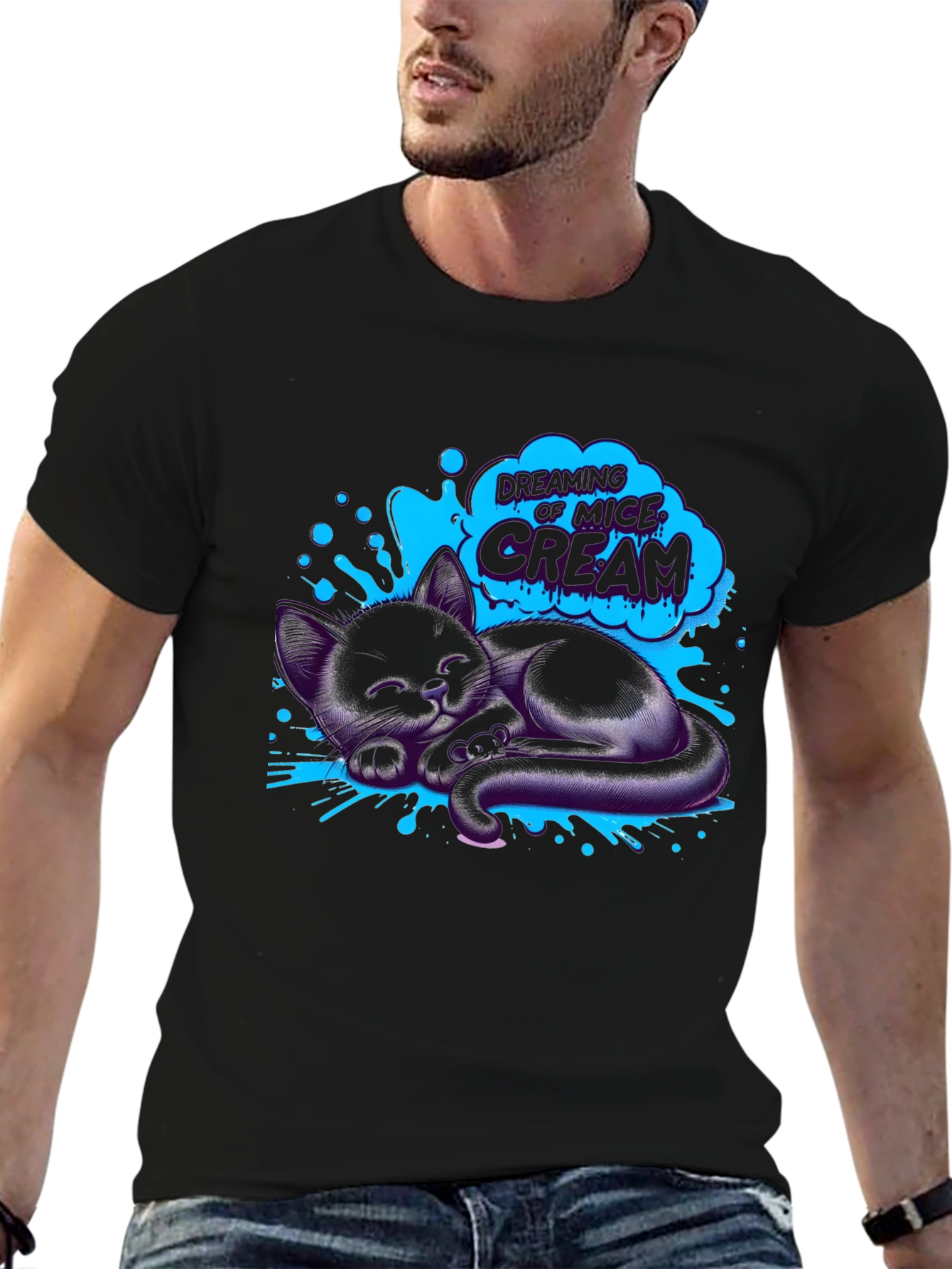 Dreaming Cat T-Shirt - Black Cotton Tee
