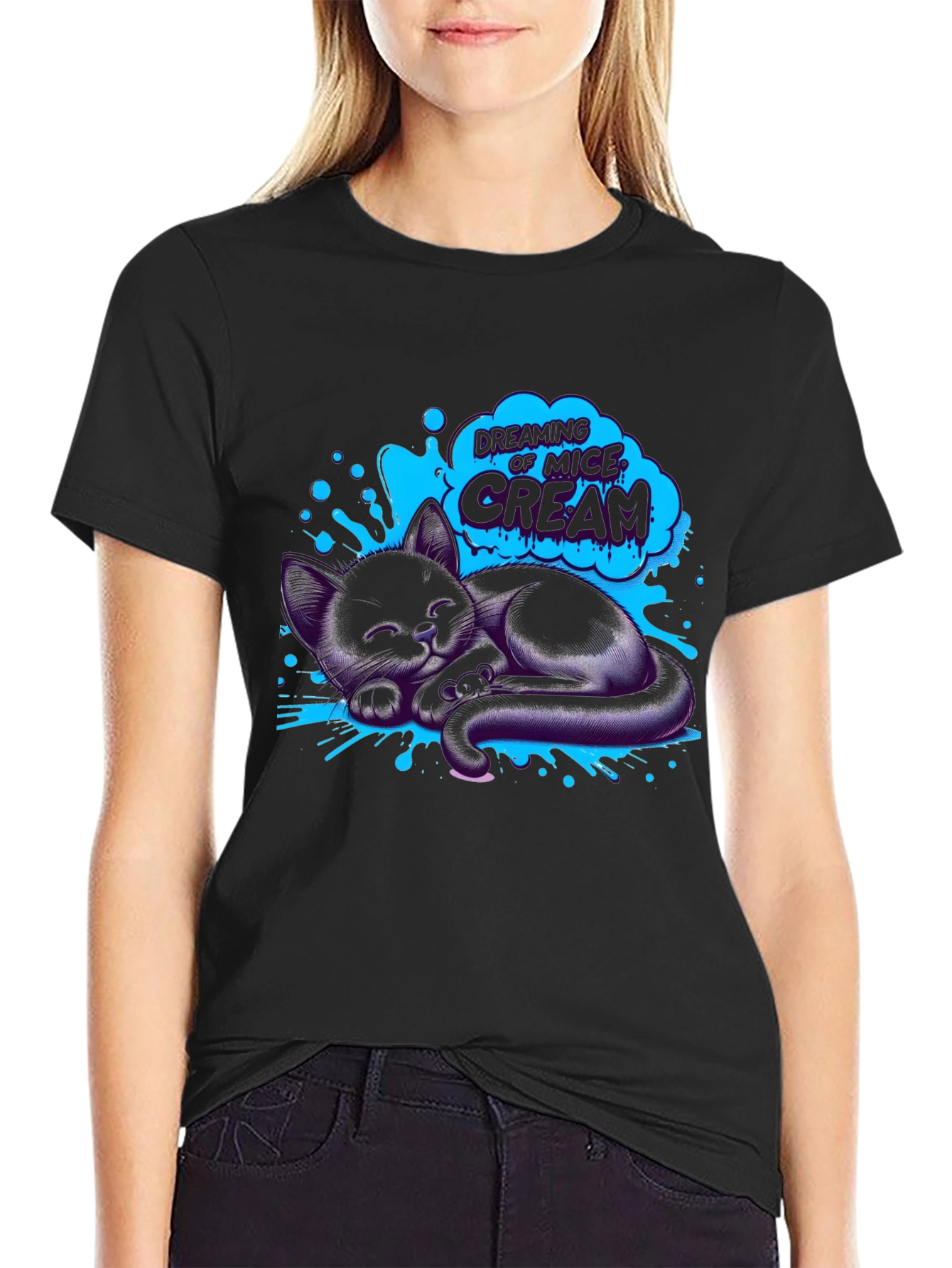 Dreaming Cat T-Shirt - Black Cotton Tee
