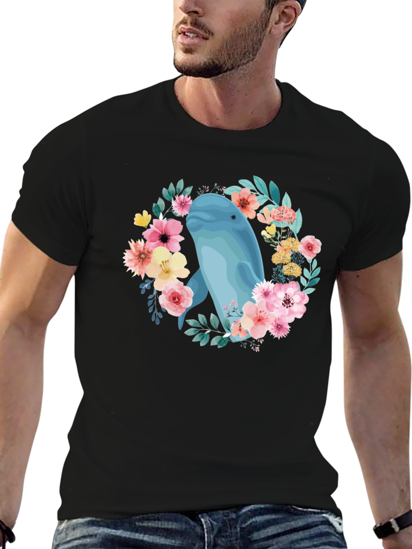 Beluga Whale Floral T-Shirt - Black