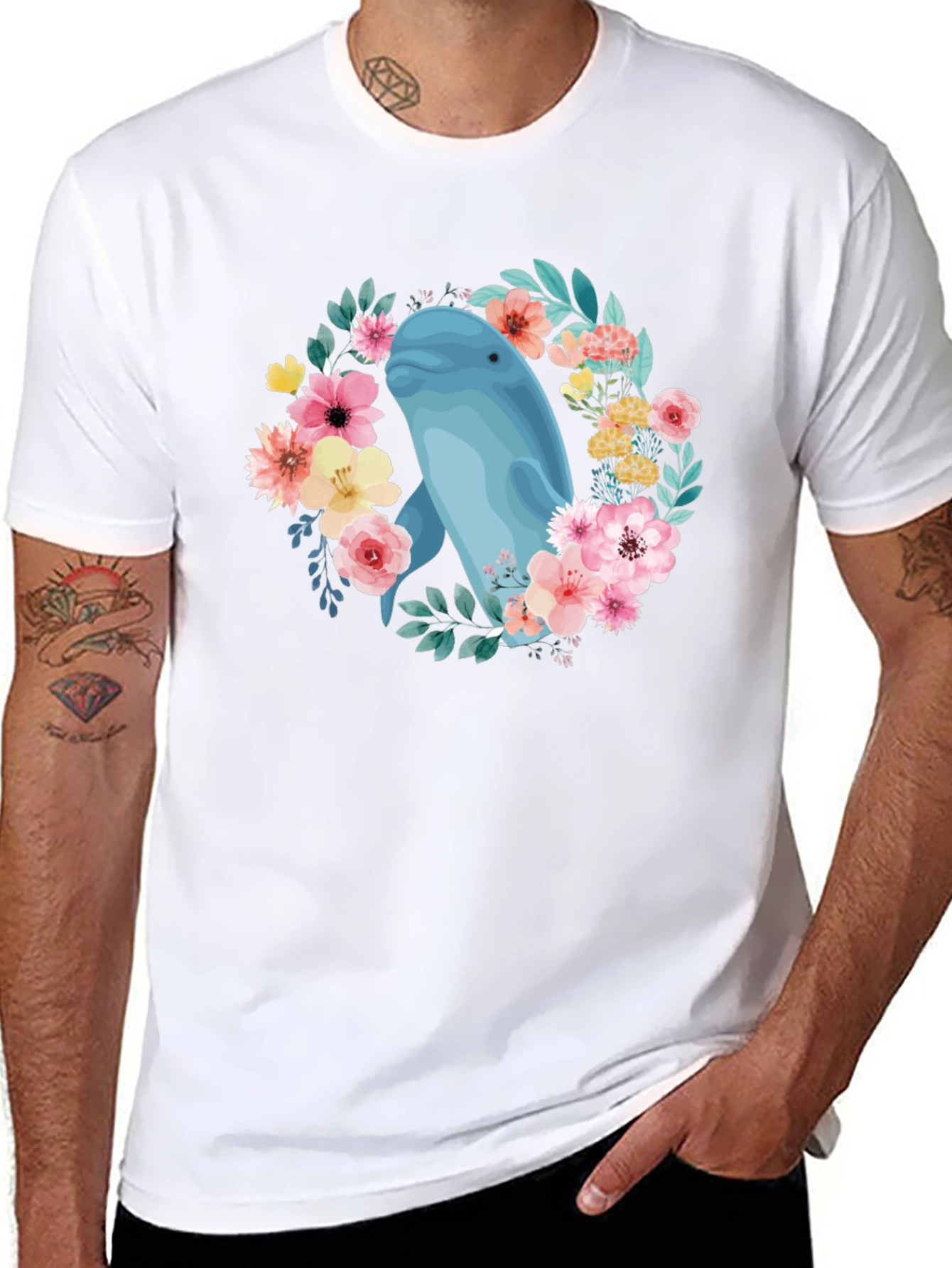 Beluga Whale Floral T-Shirt - Black