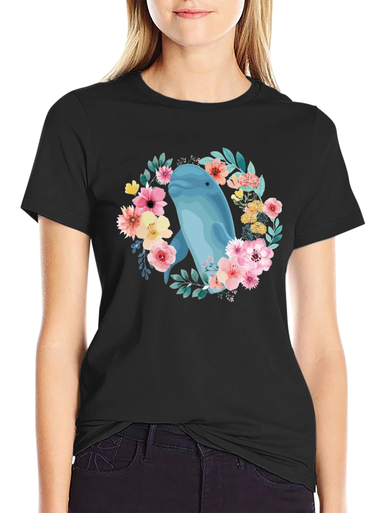 Beluga Whale Floral T-Shirt - Black