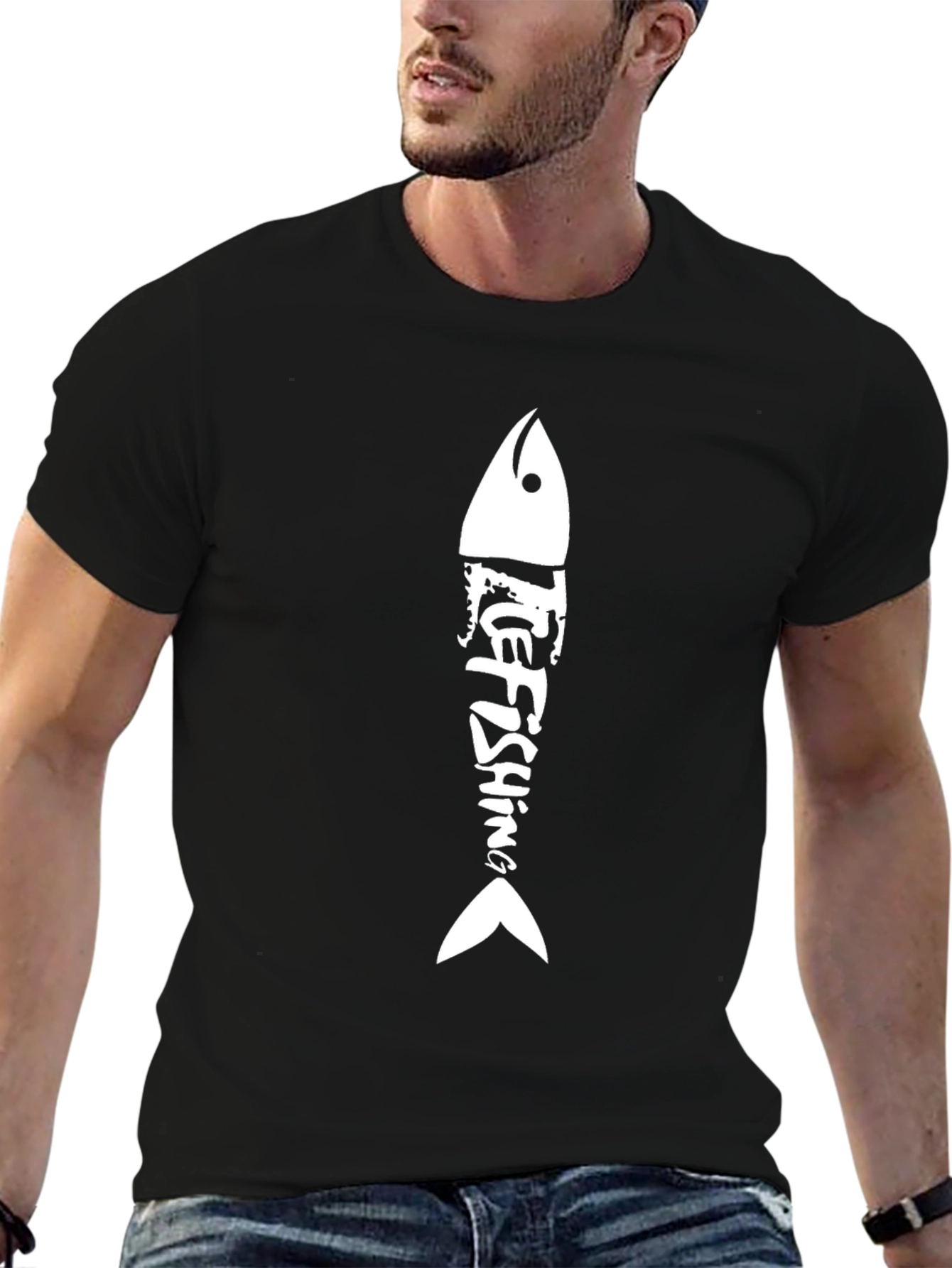 Ice Fishing Graphic Tee - Black Cotton Shirt