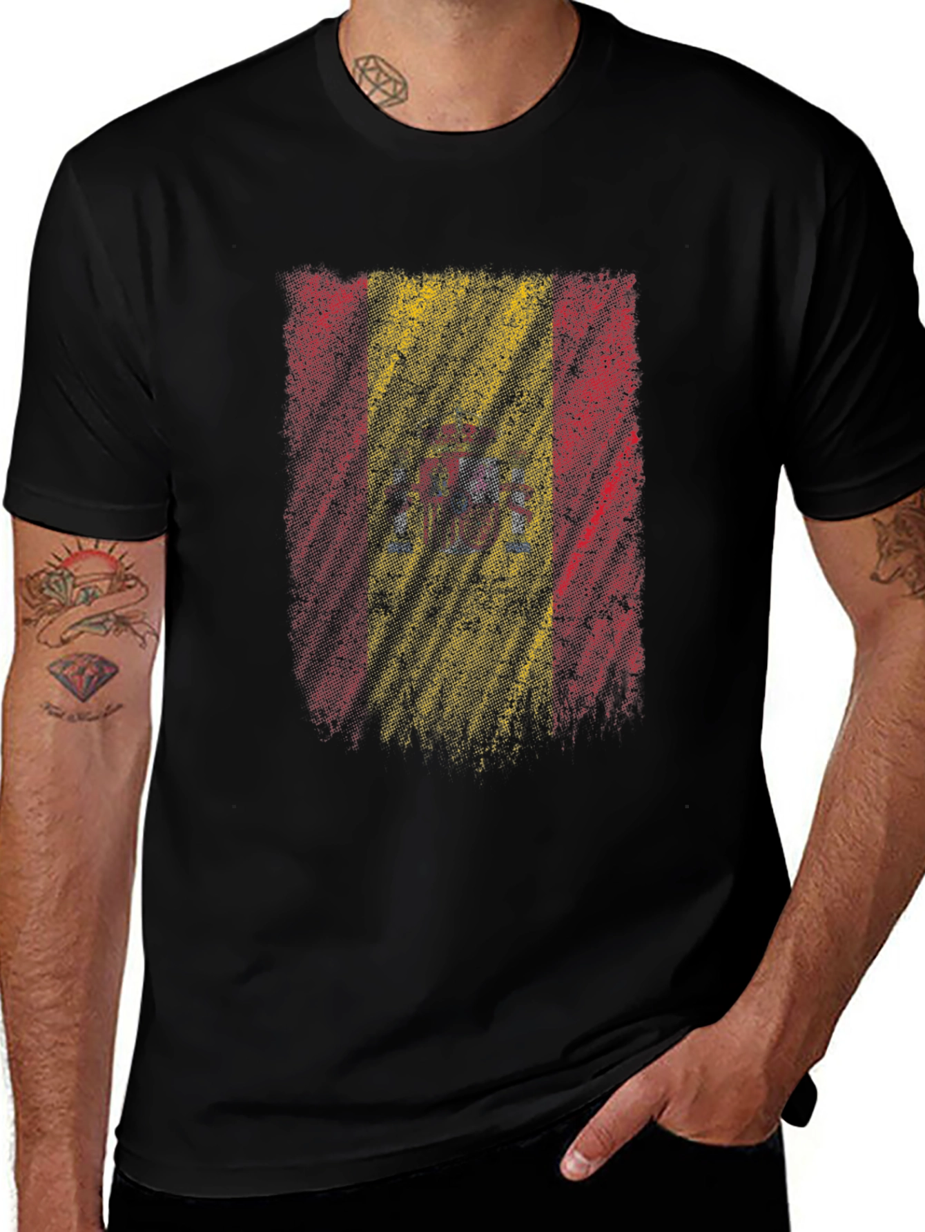 Spain Flag Distressed Mens Black T-Shirt