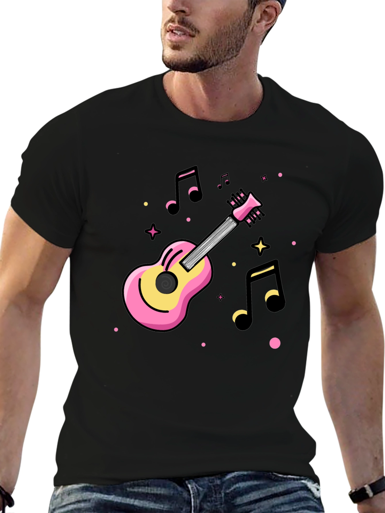 Music Lovers Black Tee with Guitar Graphic