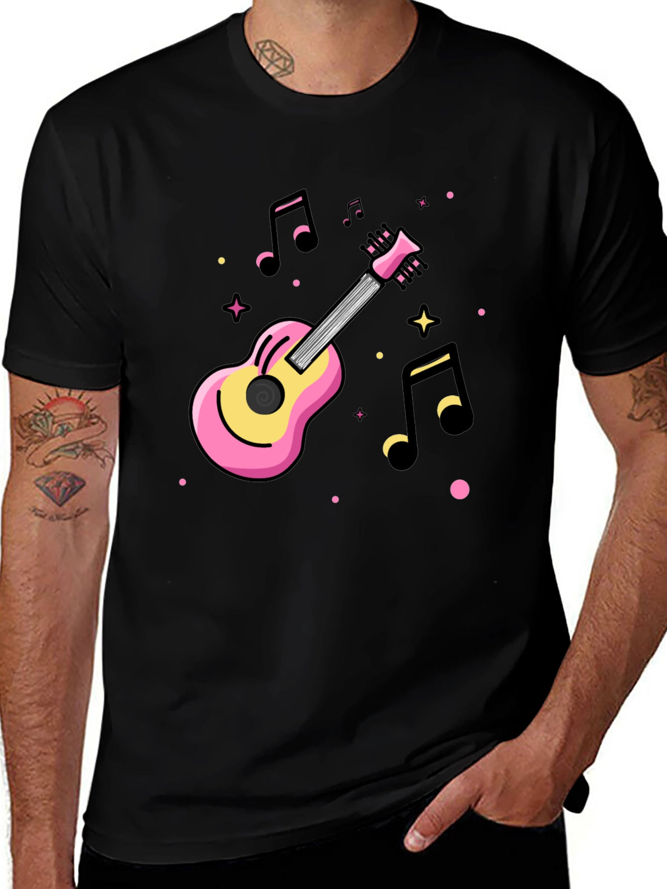 Music Lovers Black Tee with Guitar Graphic