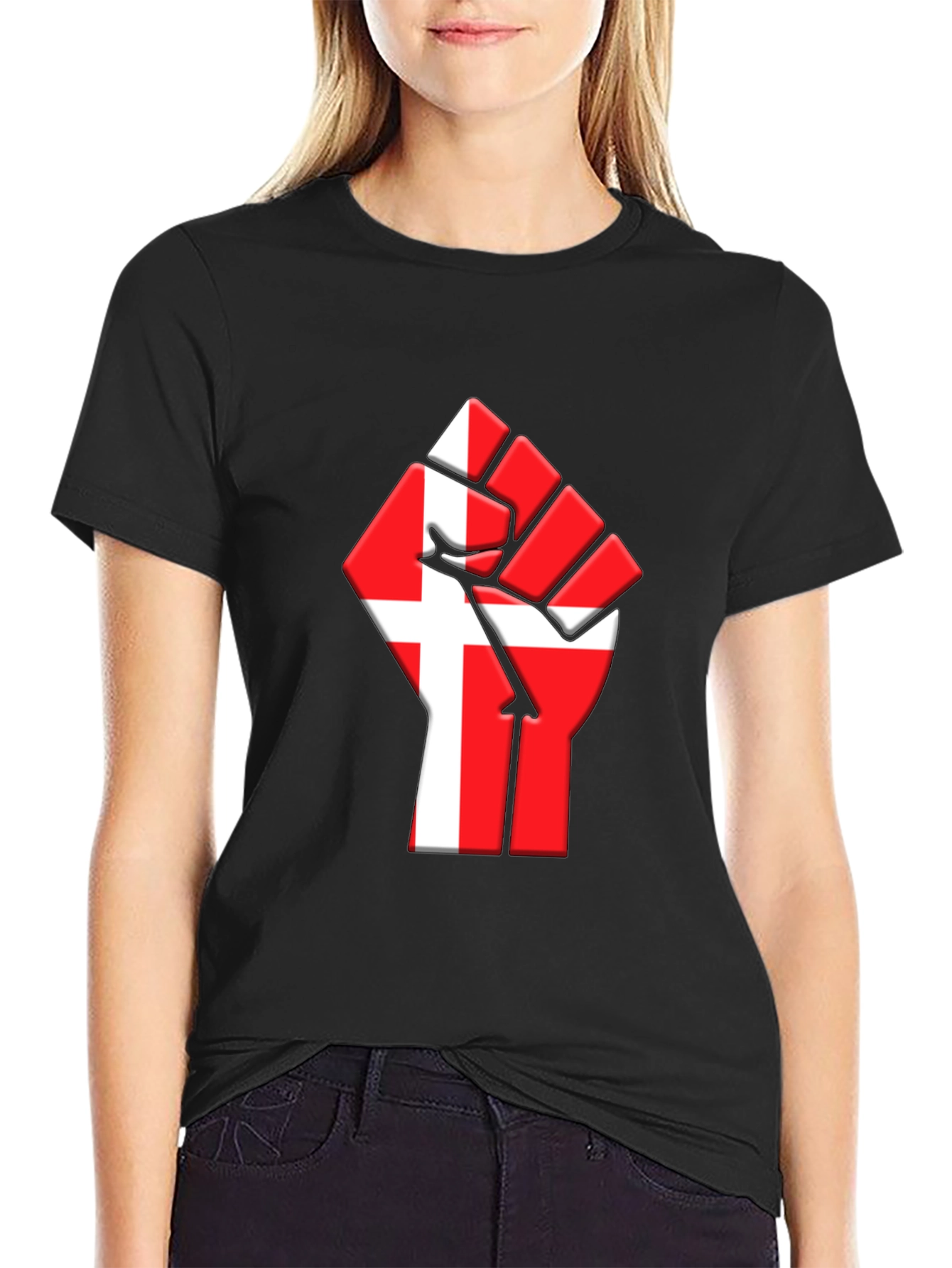 Danish Flag Fist Graphic Black T-Shirt