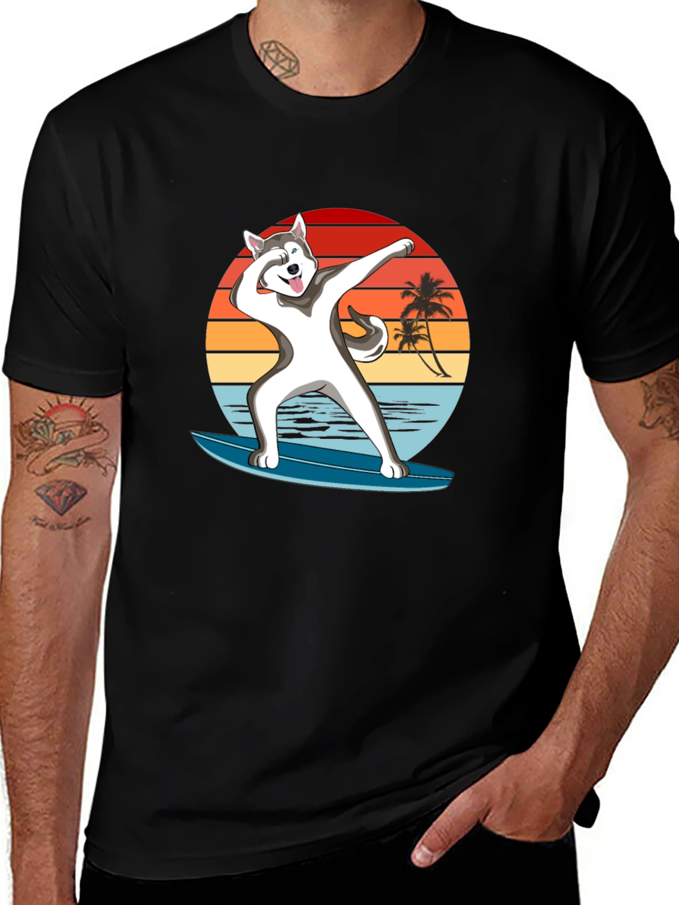 Surfing Husky T-Shirt - Dabbing Dog Beach Tee