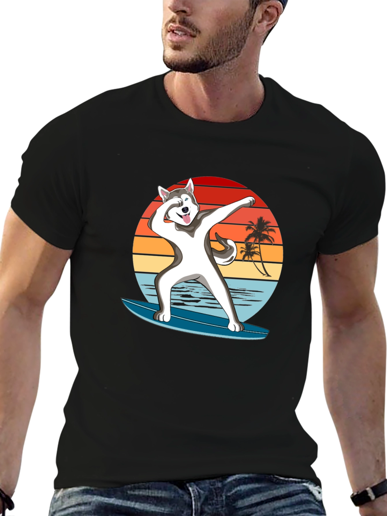 Surfing Husky T-Shirt - Dabbing Dog Beach Tee