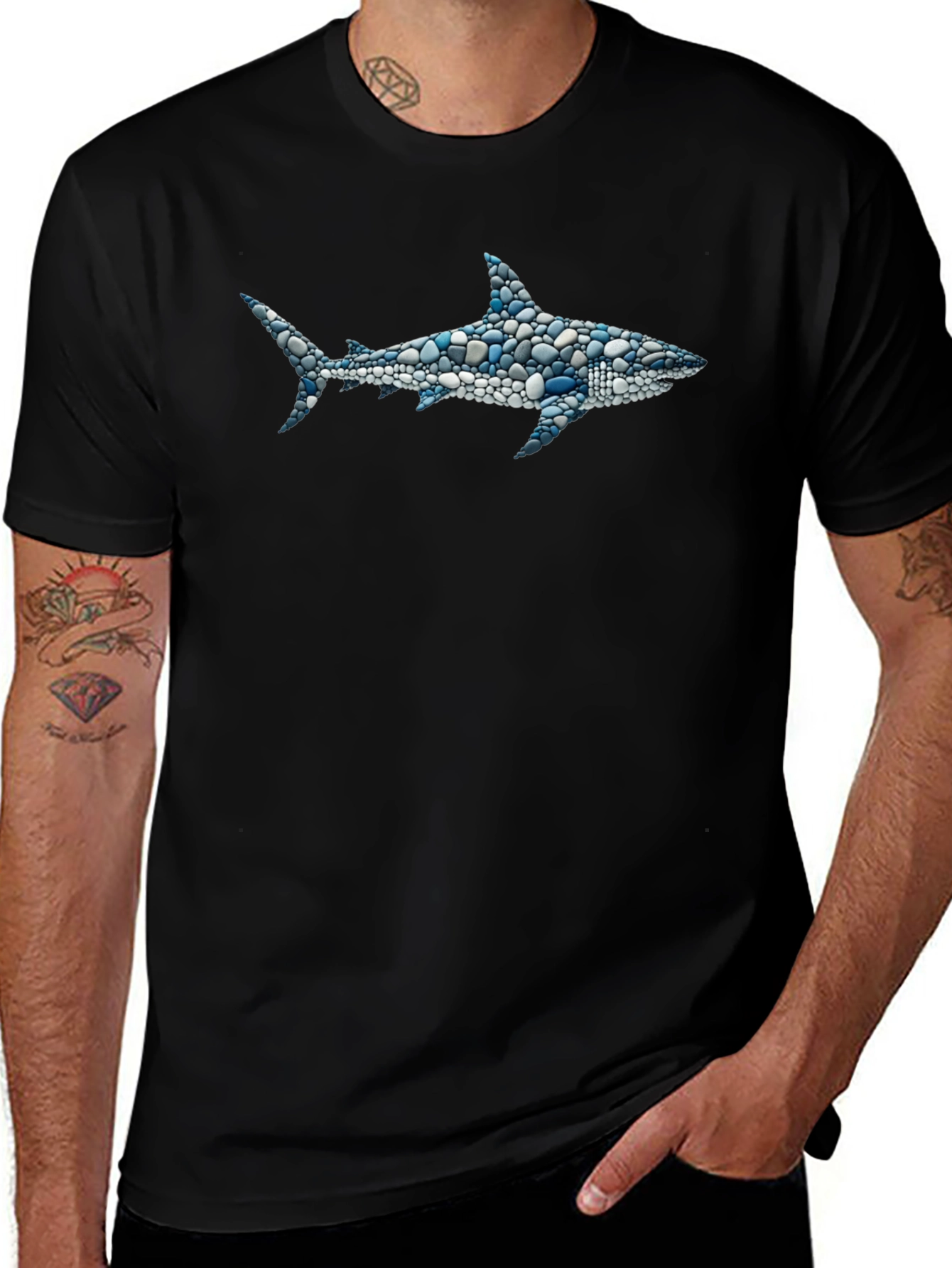 Mens Shark Pebble Art T-Shirt - Unique Ocean Design