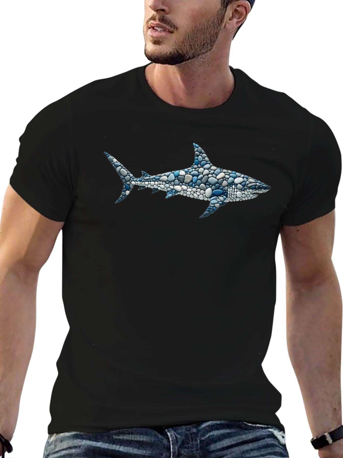 Mens Shark Pebble Art T-Shirt - Unique Ocean Design