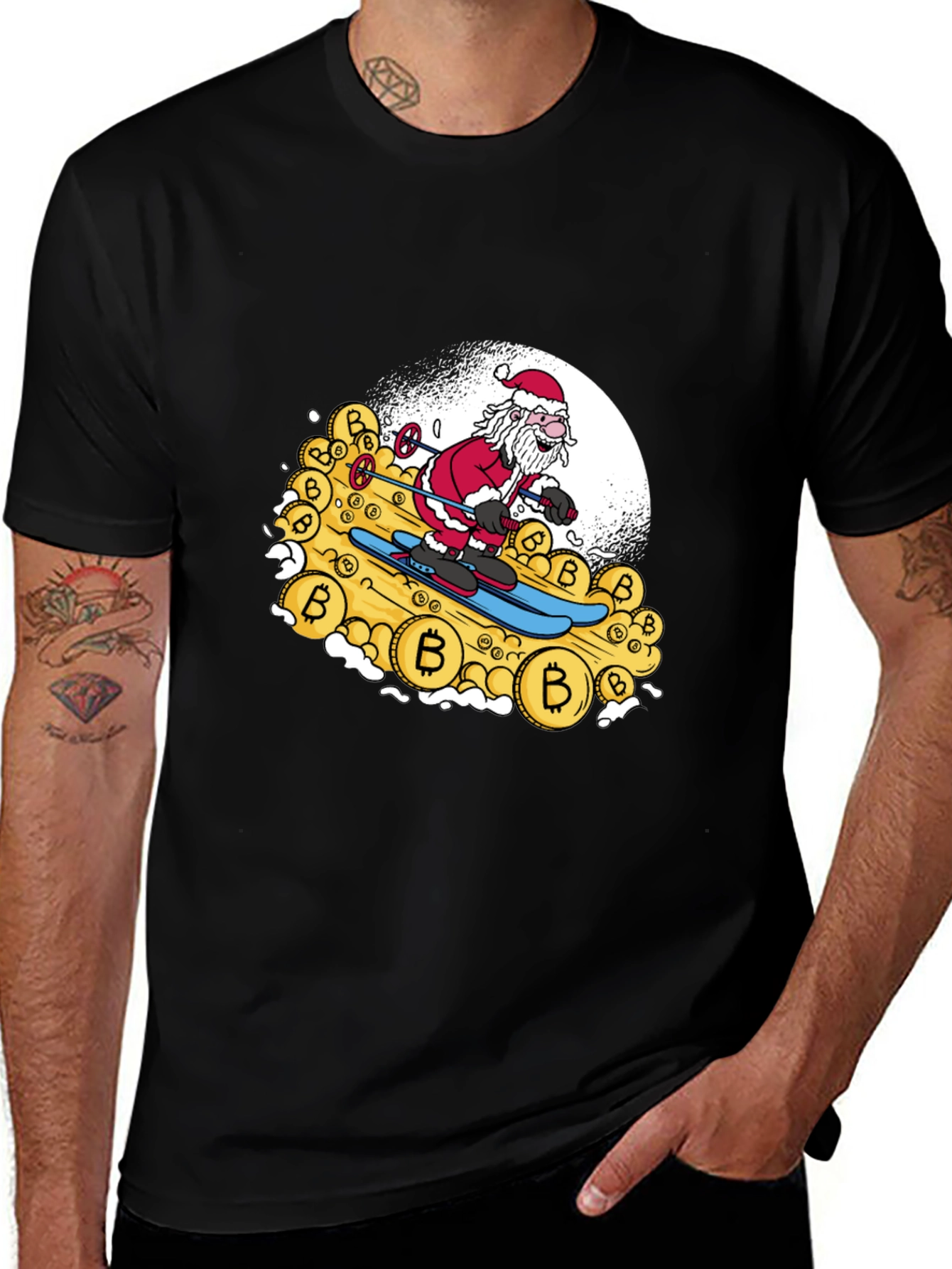 Santa Bitcoin Skiing Black Tee
