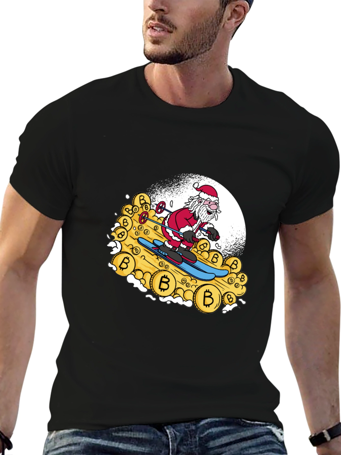 Santa Bitcoin Skiing Black Tee