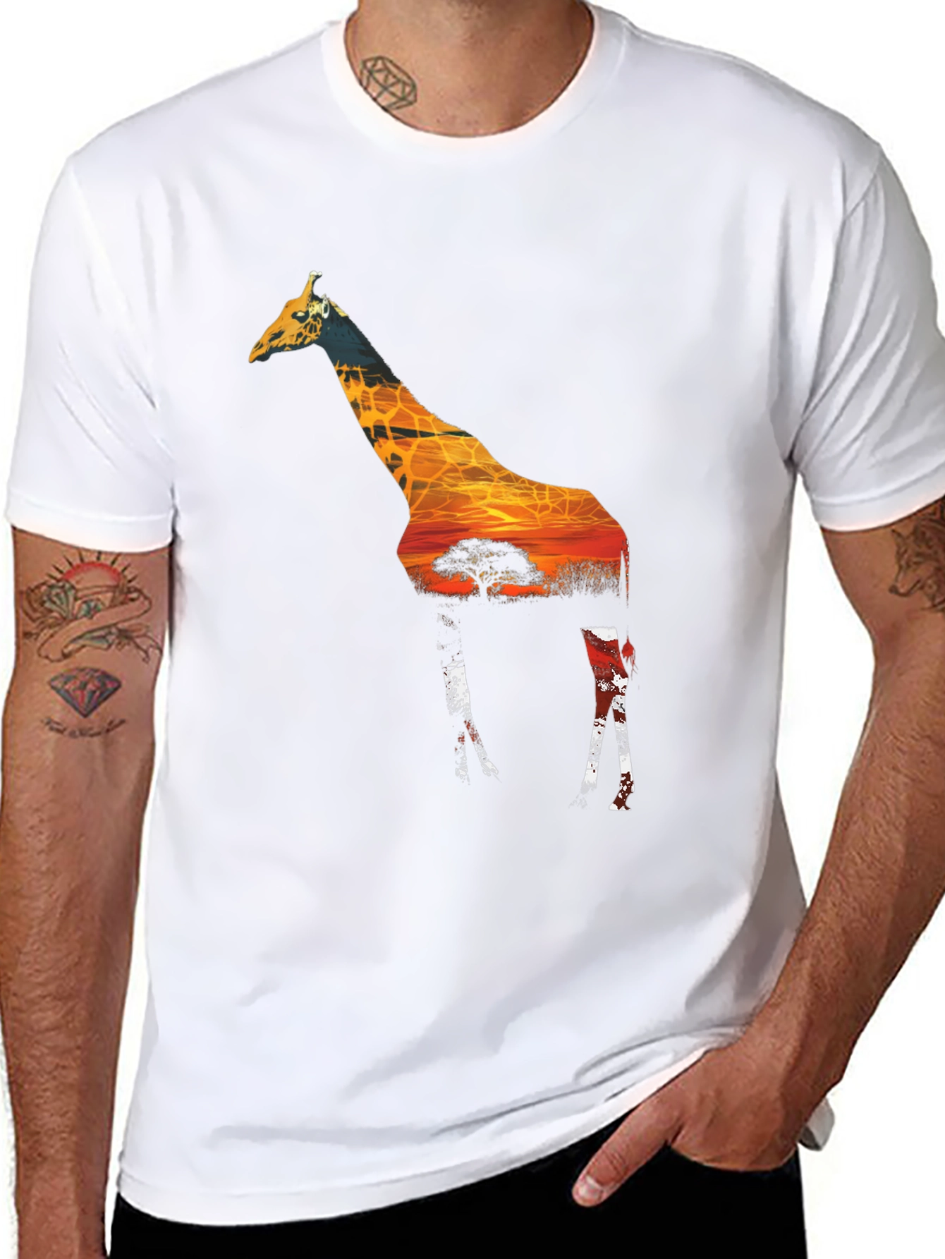 Giraffe Sunset Mens Graphic Tee