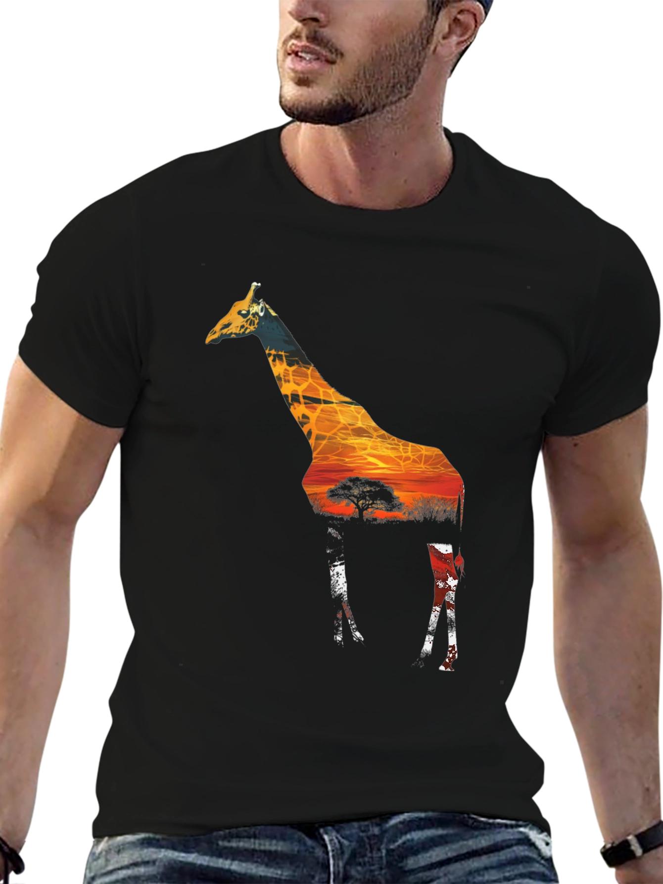 Giraffe Sunset Mens Graphic Tee