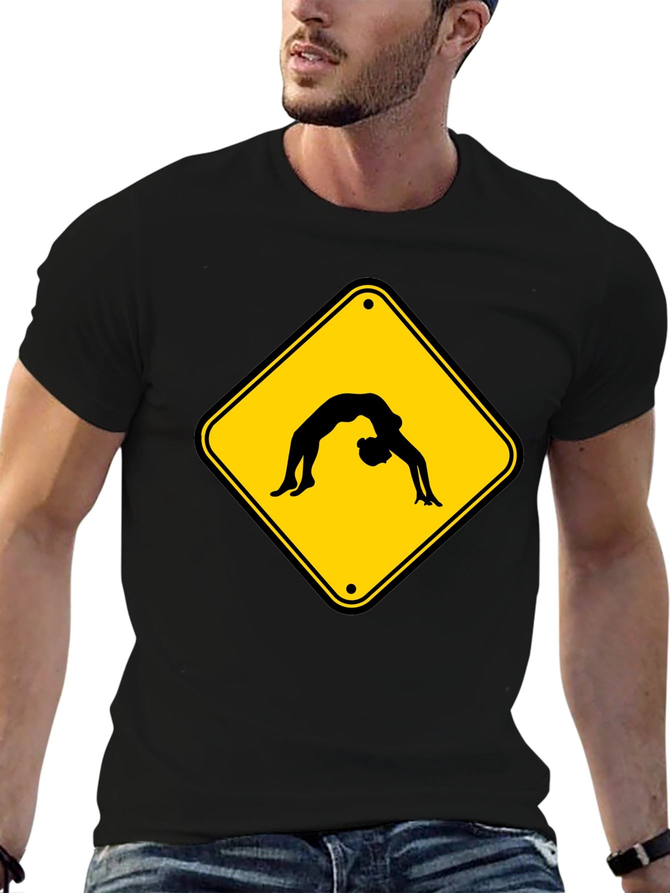 Yoga Pose Warning Sign Black T-Shirt