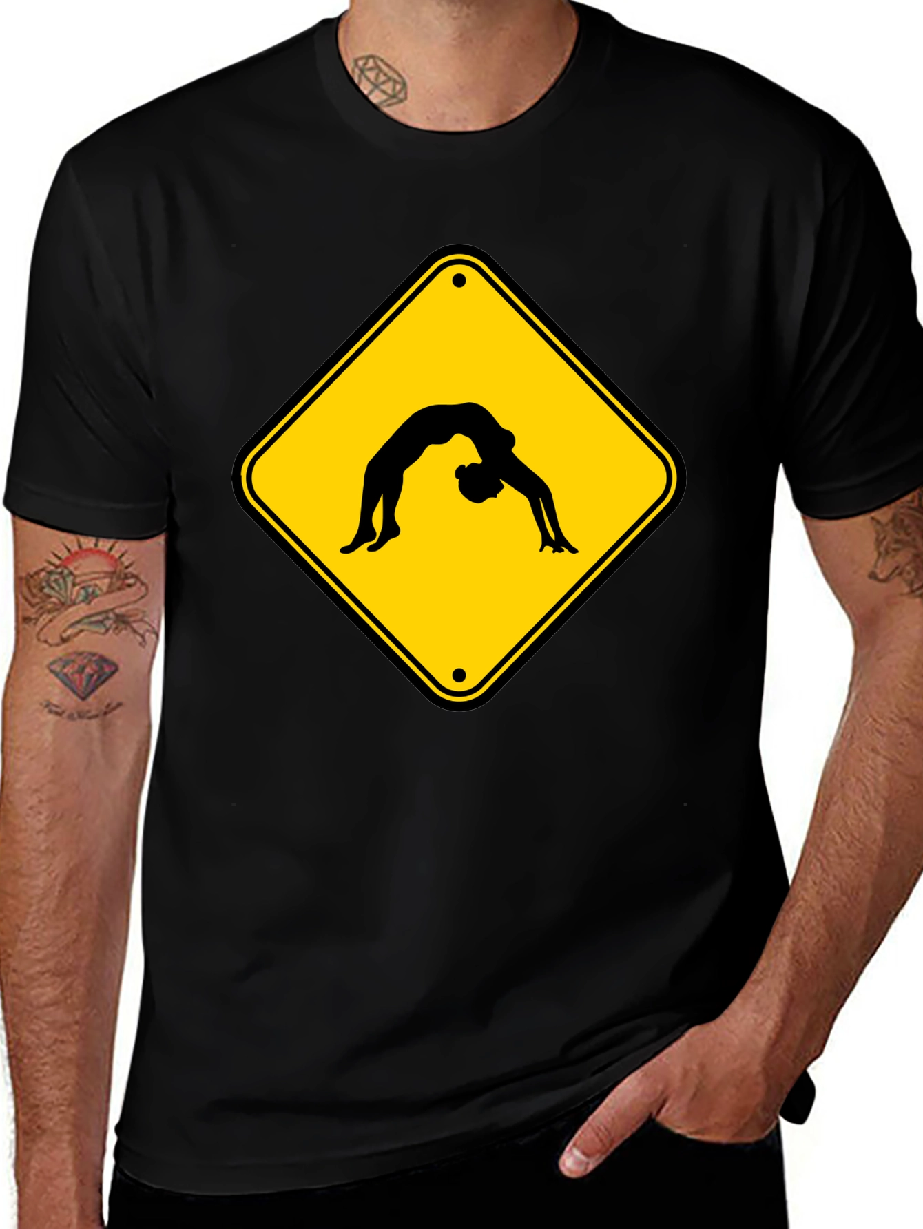 Yoga Pose Warning Sign Black T-Shirt