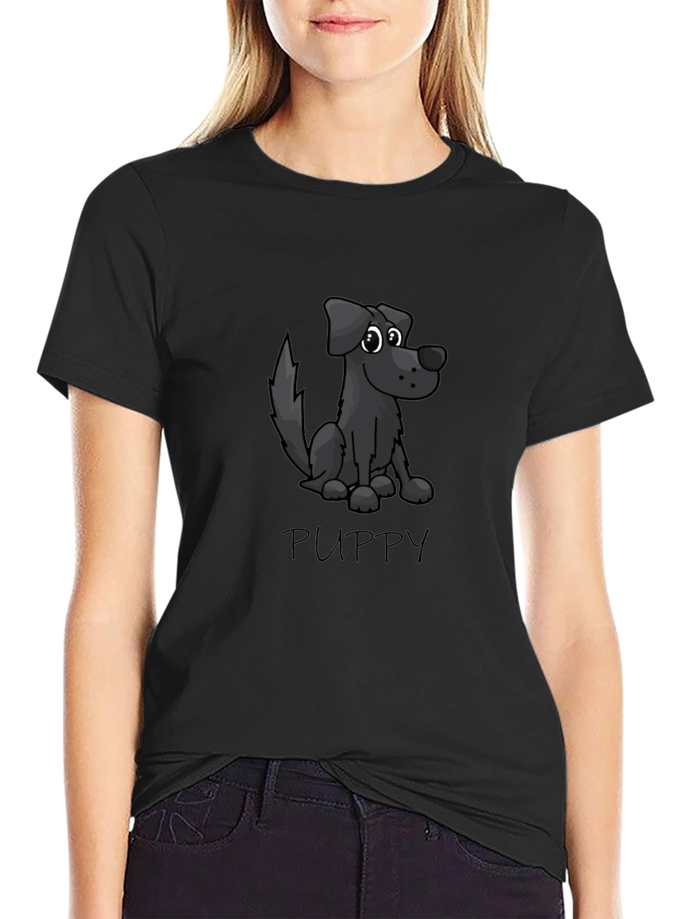 Puppy Cartoon Black T-Shirt
