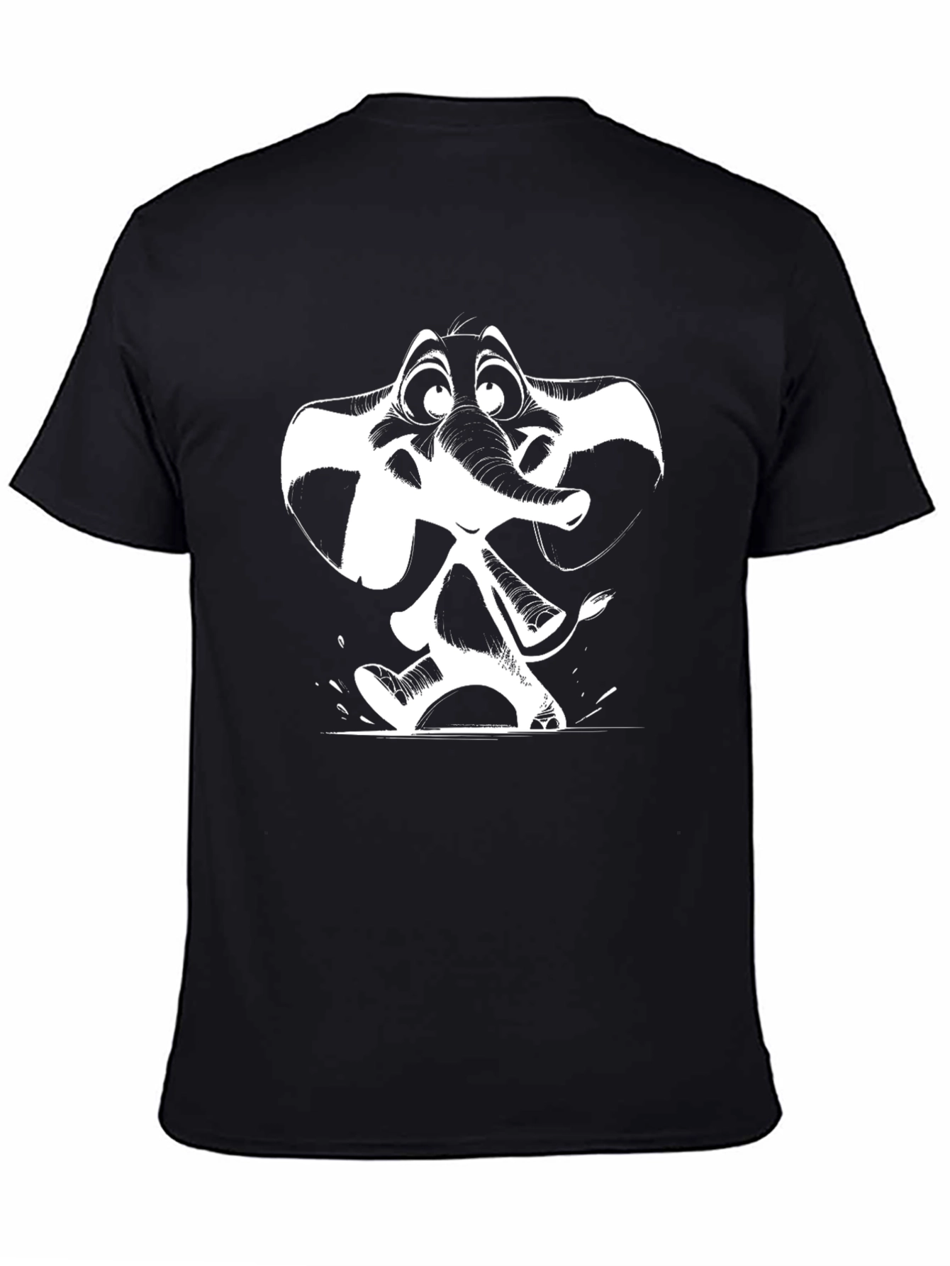 Cartoon Elephant Graphic Tee - Black Cotton T-Shirt