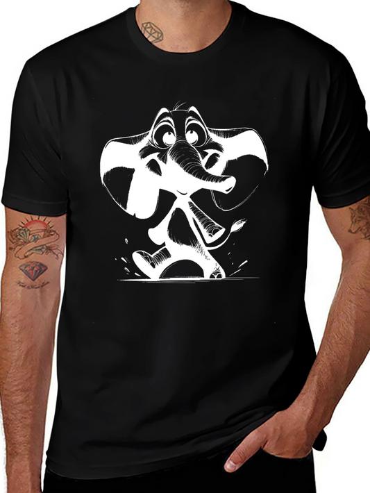 Cartoon Elephant Graphic Tee - Black Cotton T-Shirt