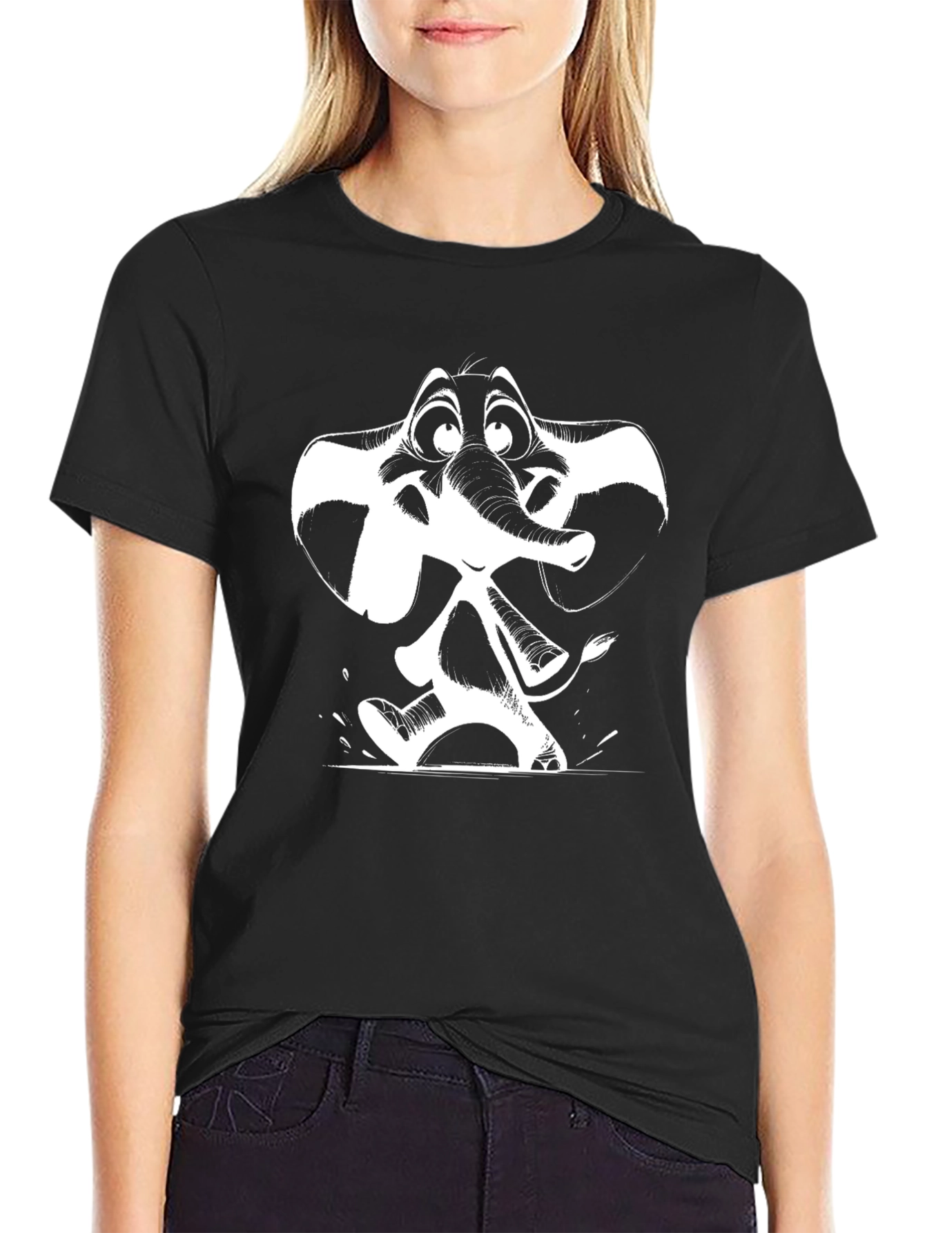 Cartoon Elephant Graphic Tee - Black Cotton T-Shirt