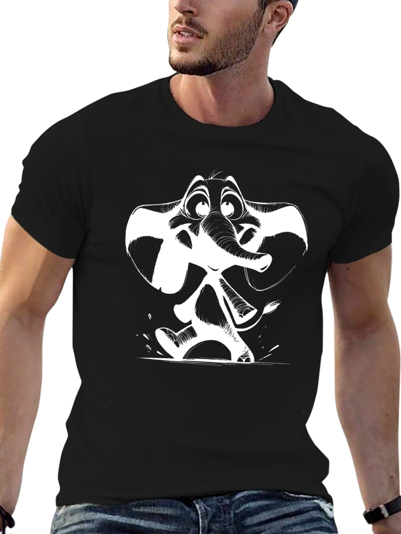 Cartoon Elephant Graphic Tee - Black Cotton T-Shirt