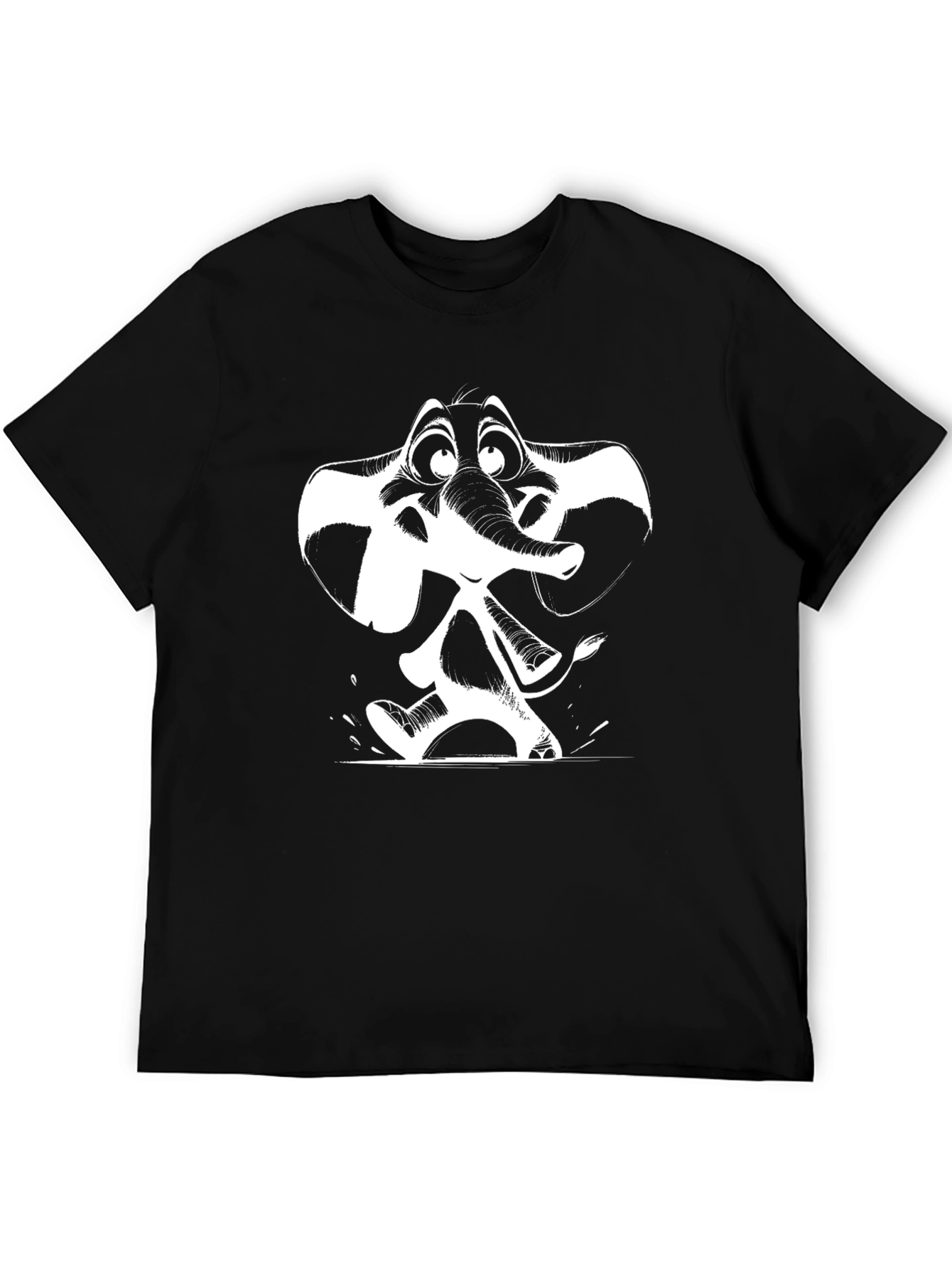Cartoon Elephant Graphic Tee - Black Cotton T-Shirt
